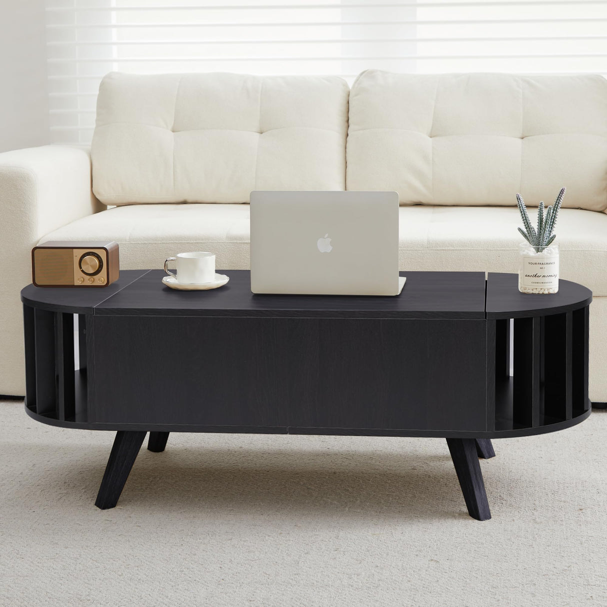 FurSch Wood Lift Top Coffee Table with Hidden Storage, 47.24" Oval Lift Table Top Curved Profile Design Conversation Table for Living Room, Office (Black) FurSch