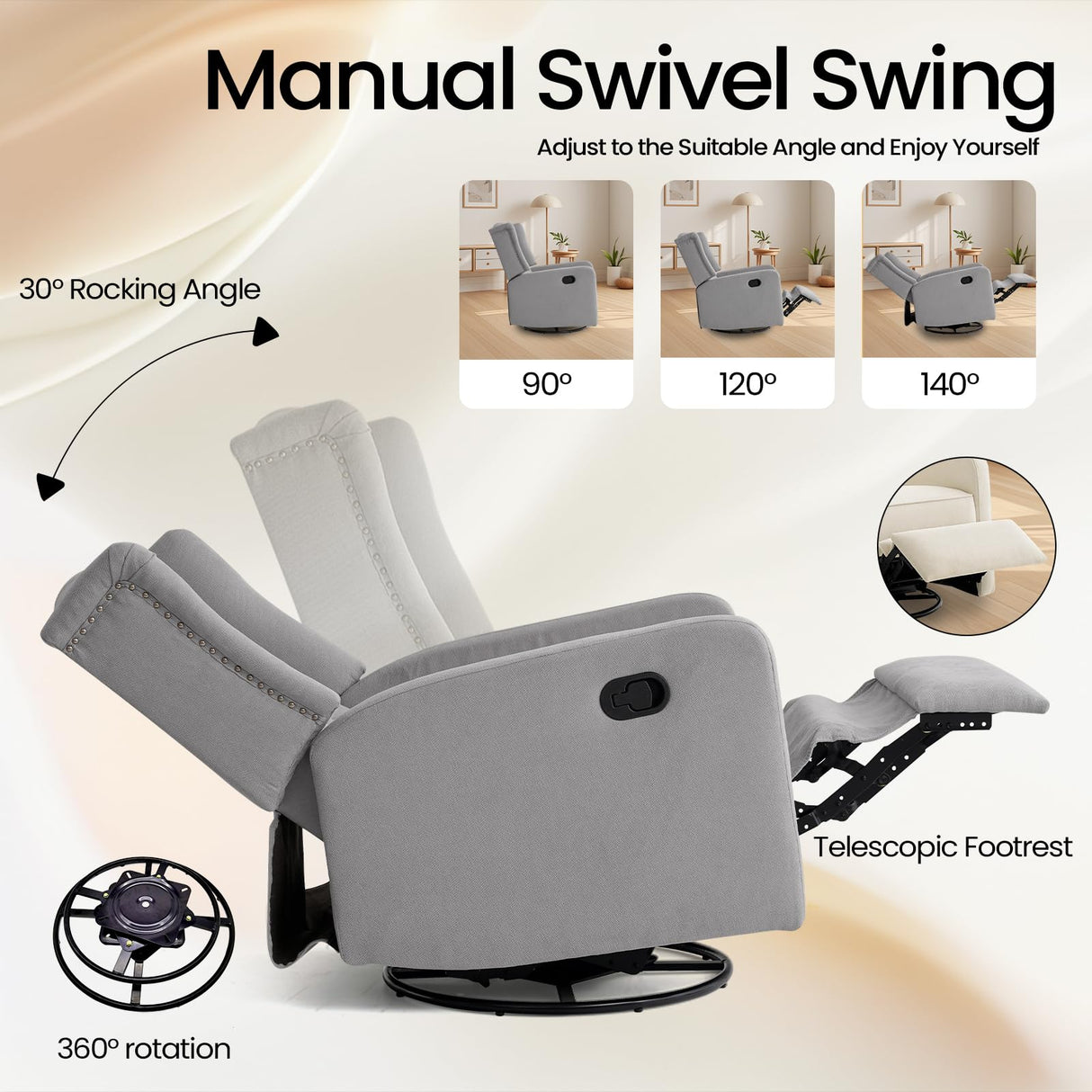 360 Swivel Rocker Recliner Chair for Adults, Nursery Chair for Small Spaces Living Room, Upholstered Fabric Glider Recliner, Pigeon Grey RESTREAL