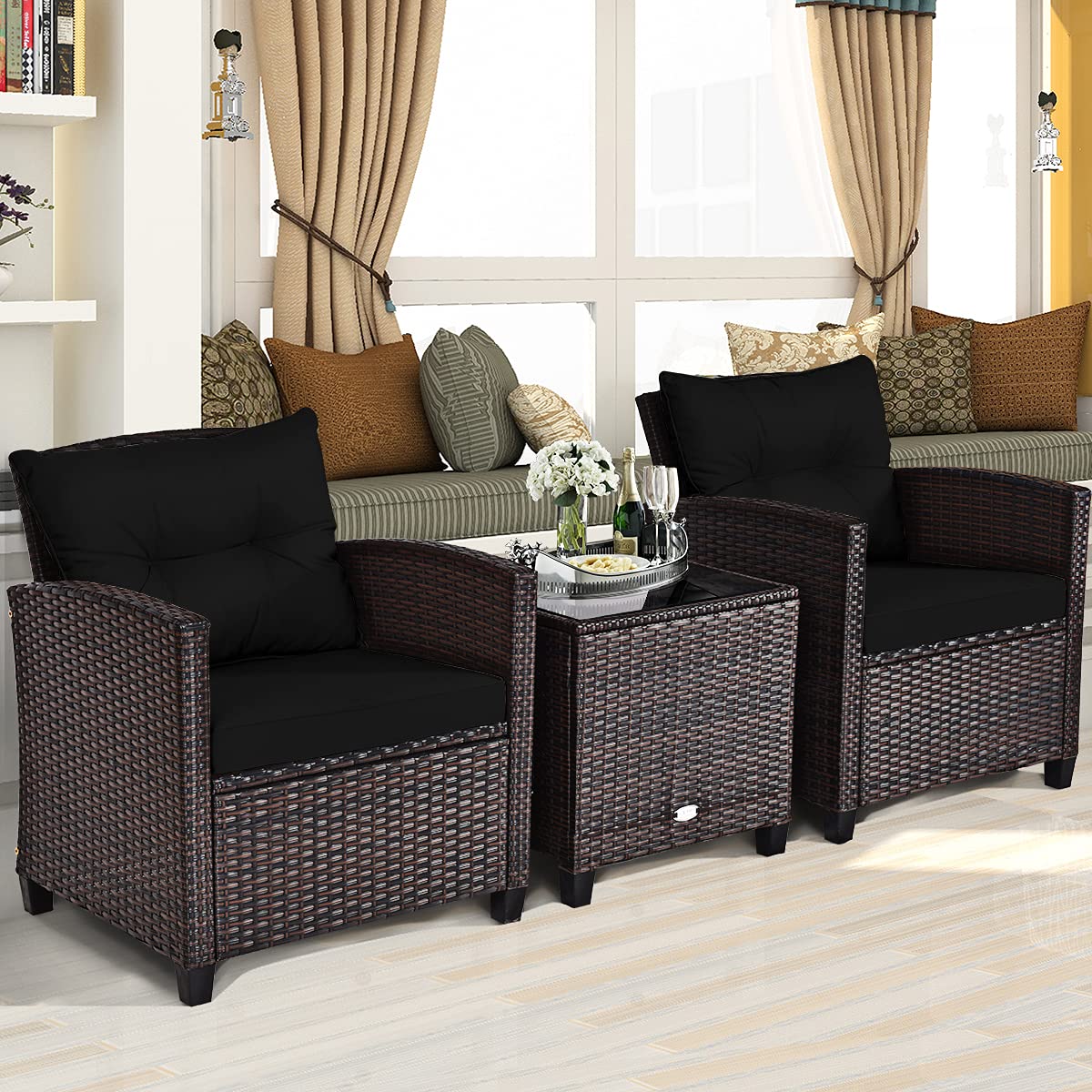 3 PCS Patio Furniture Set, OneSize, Black WoodArtSupply