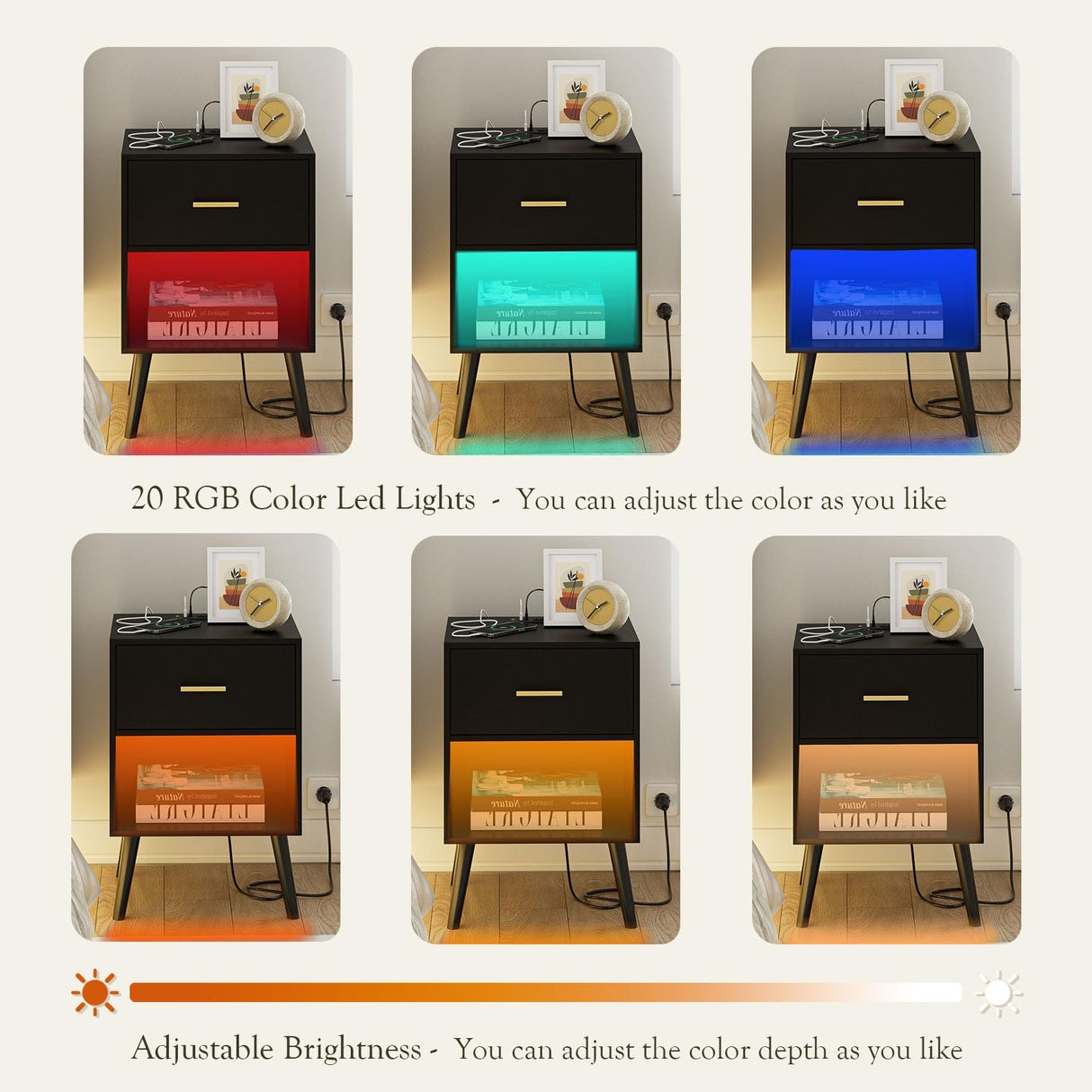 Aienvey Nightstand with Charging Station and LED Lights, Small Side Table, Bedside Table with Drawer, Modern Night Stand, End Table for Bedroom, Living Room (Black) Aienvey