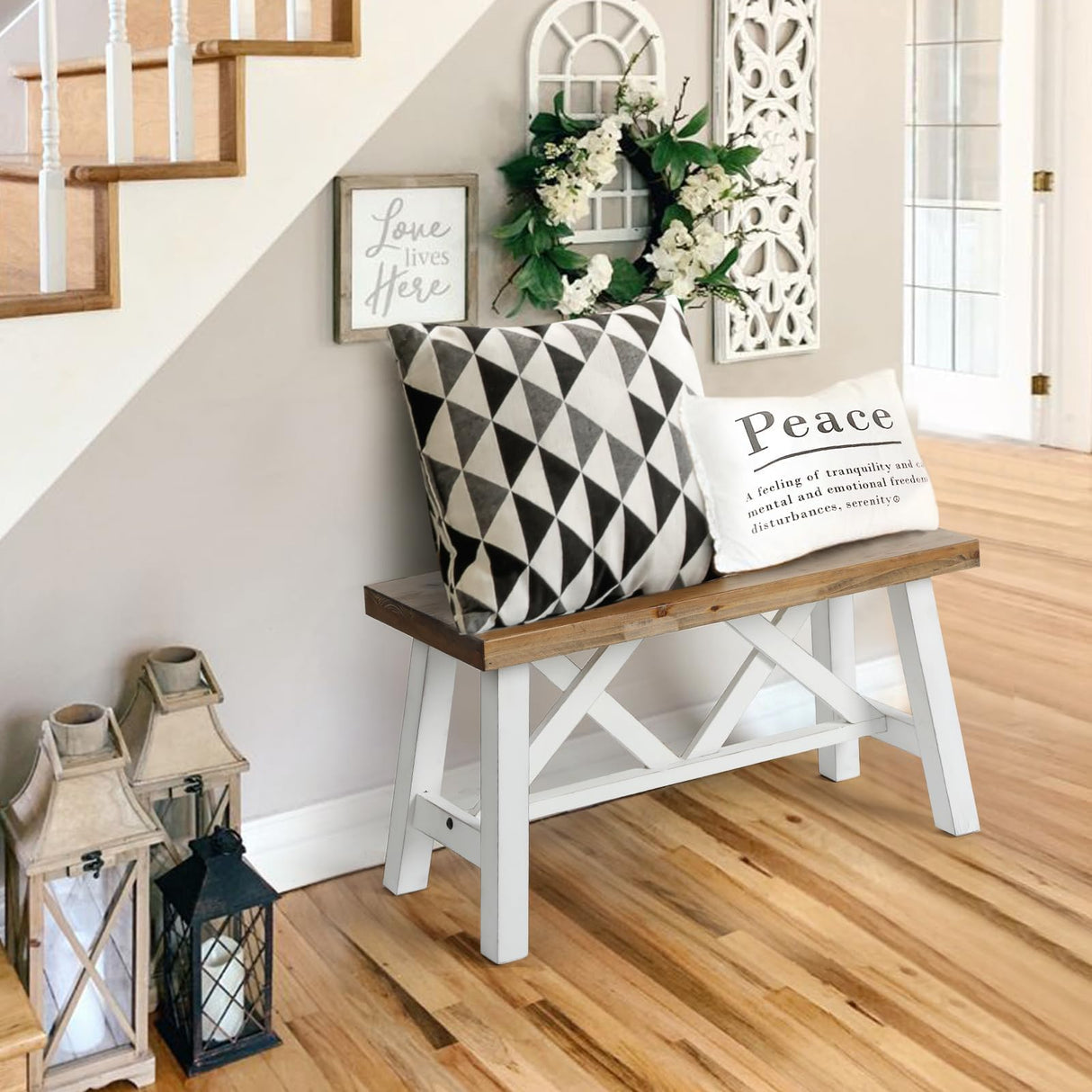 Wnutrees 30" Farmhouse Wood Bench, Rustic Solid Wood Entryway Bench Seat with Double X-Structure for Dining Room, Living Room, Hallway, Structural Stability, White Wnutrees