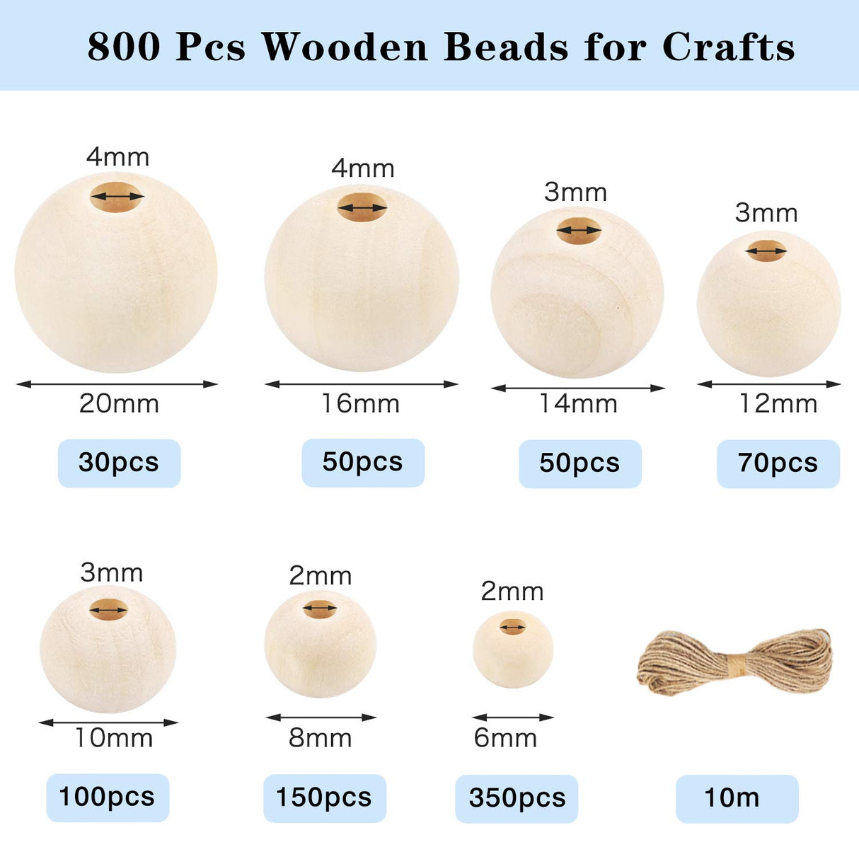 UOONY 800pcs Wooden Beads for Crafts 7 Sizes Unfinished Natural Wood Beads Wooden Beads Bulk 6mm, 8mm, 10mm, 12mm, 14mm, 16mm, 20mm Beads for Garland Macrame Jewelry Making DIY Farmhouse Decor UOONY