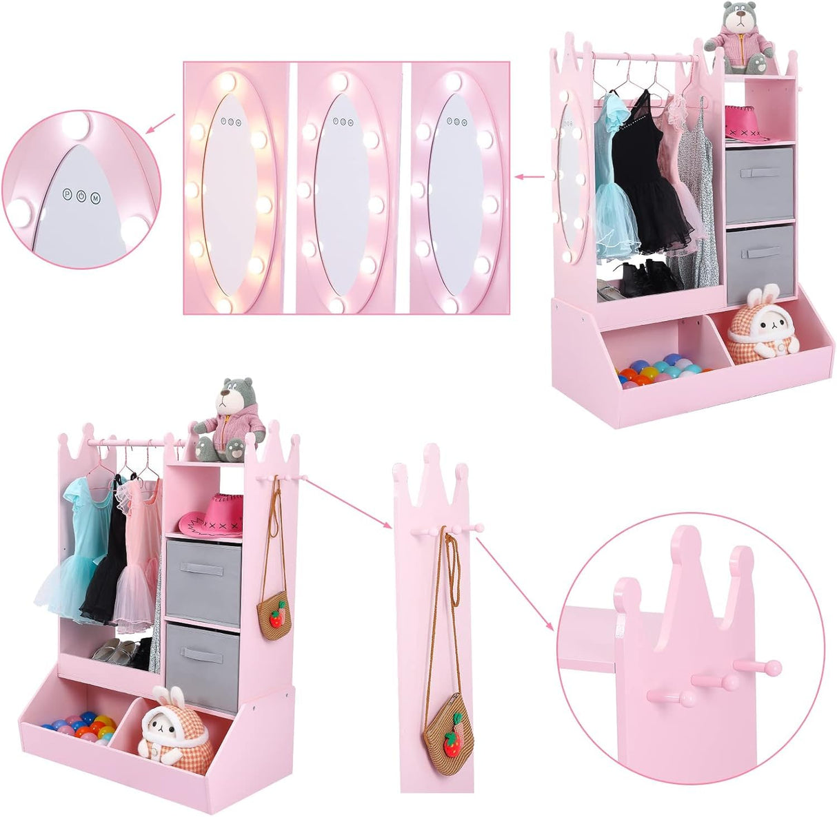 IDEALHOUSE Kids Dress Up Storage with Mirror, Pink Wardrobe Closet & Dresser with Mirror, Costume Organizer with Shelves and Jewelry Cabinet — Ideal Kids Dressers for Bedroom, Gift for Girls IDEALHOUSE