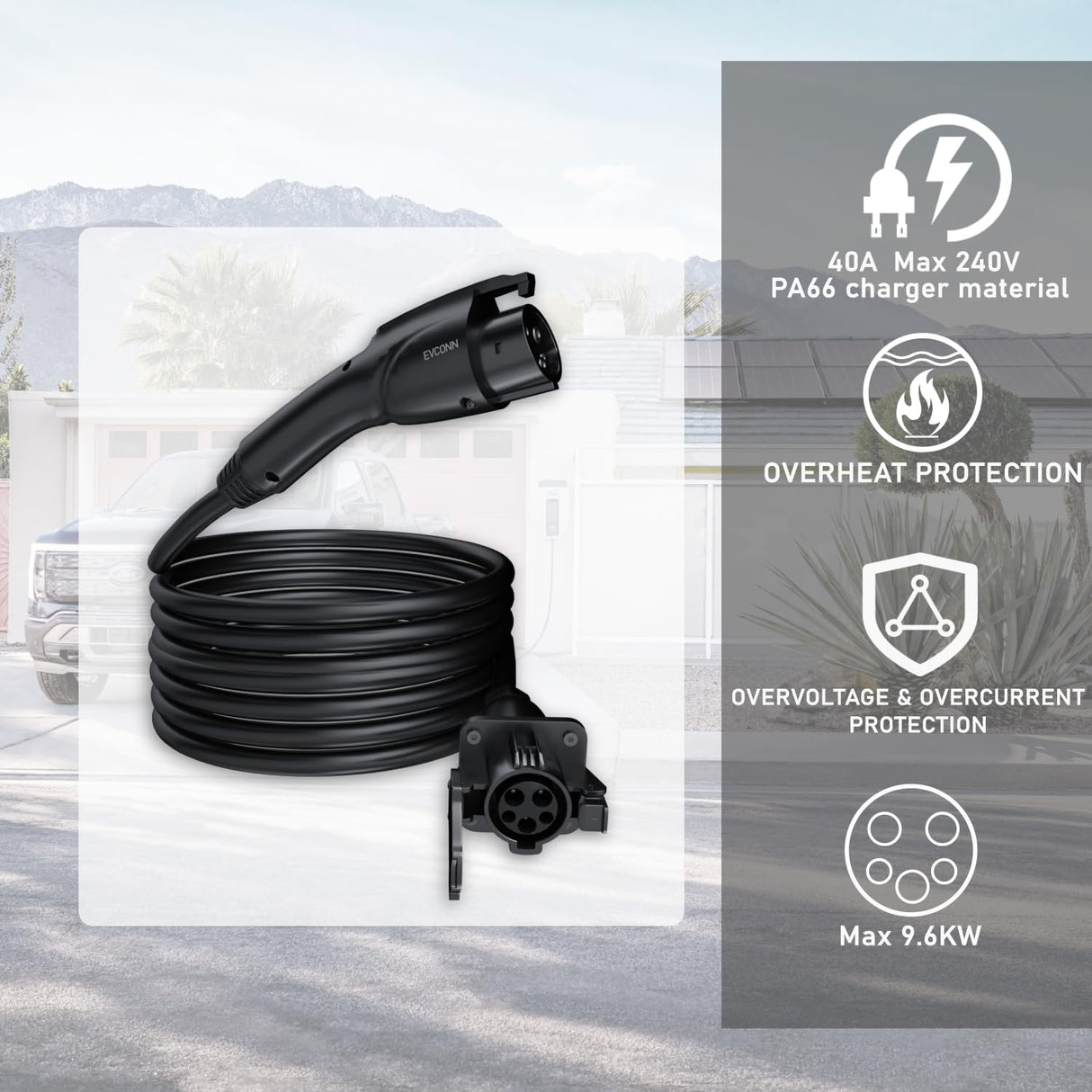 EVCONN J1772 Extension Cable, 20ft 40A 110V-240V EV Charger Extension Cable Compatible with All J1772 EV Chargers for Level 1/2 Stations with Carrying Bag EVCONN