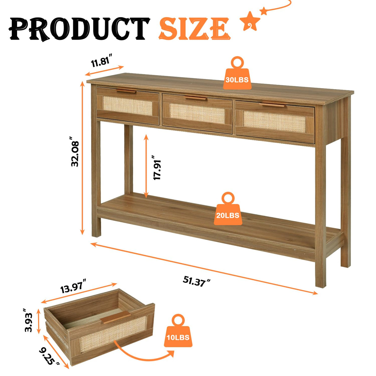 LAZZO Rattan Console Table Boho Entryway Table Narrow Long Sofa Table Hallway Foyer Table Behind Couch Table with 3 Drawers and Open Storage Shelf for Living Room and Corridor Brown LAZZO
