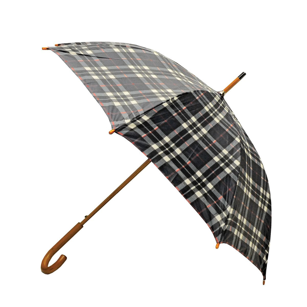 Rainbrella Classic Auto Open Umbrella with Real Wooden Hook Handle, Black Plaid, 46" Rainbrella