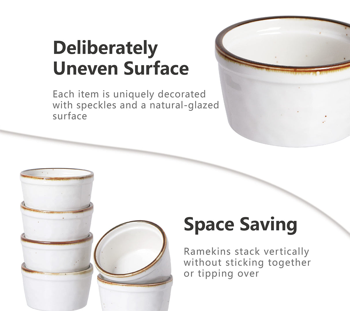 ONEMORE 8 oz Ramekins Oven Safe, Ceramic Small Ramekins with Brown Rim for Baking, Speckled Cute Ramekins for Creme Brulee, Sauces, Desserts & Ice Cream, Individual Custard/Pudding Cups Set of 6 ONEMORE