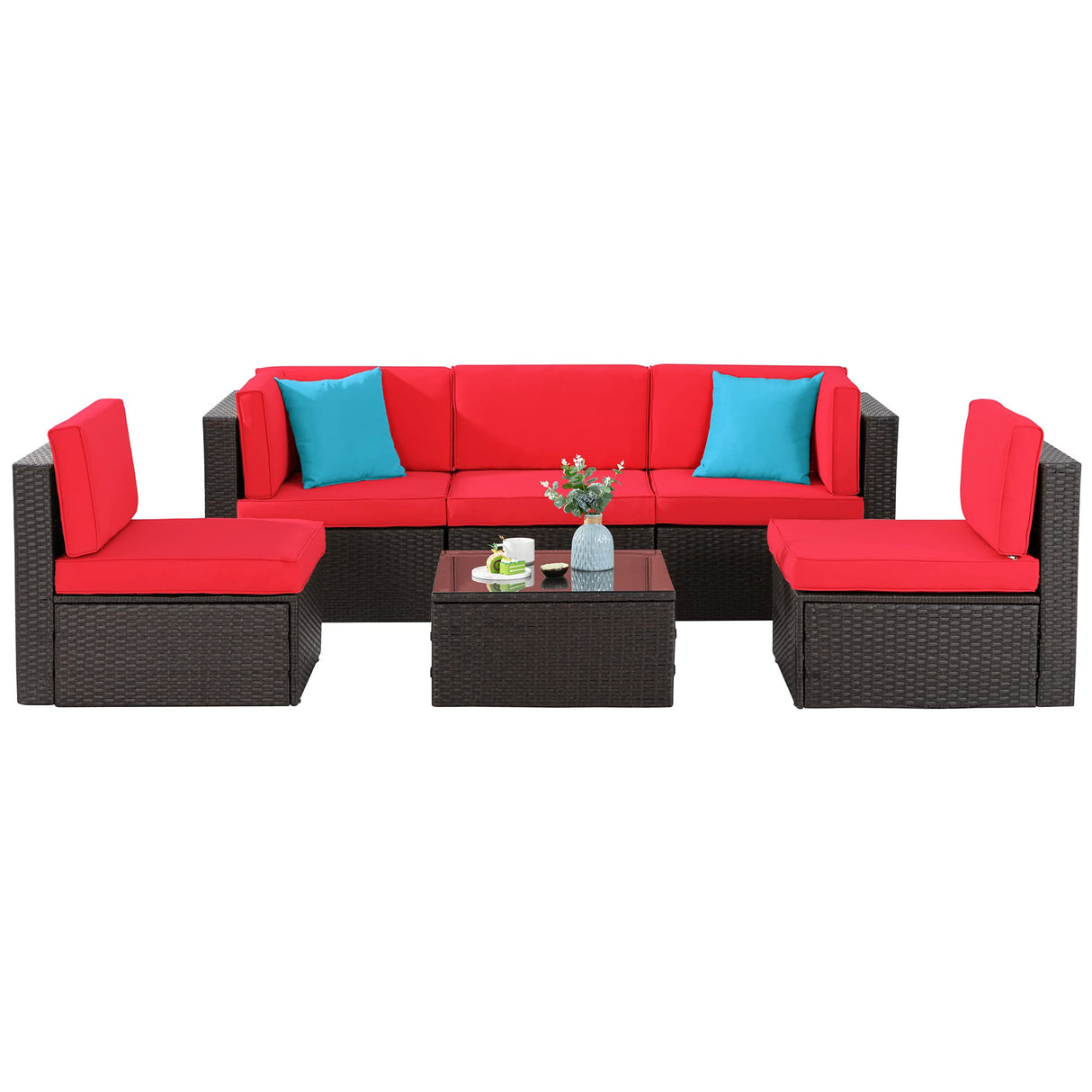 Shintenchi 6 Pieces Patio Furniture Sets Outdoor All-Weather Sectional Patio Sofa Set PE Rattan Manual Weaving Wicker Patio Conversation Set with Glass Table&Ottoman Cushion and Red Pillows, Red Shintenchi