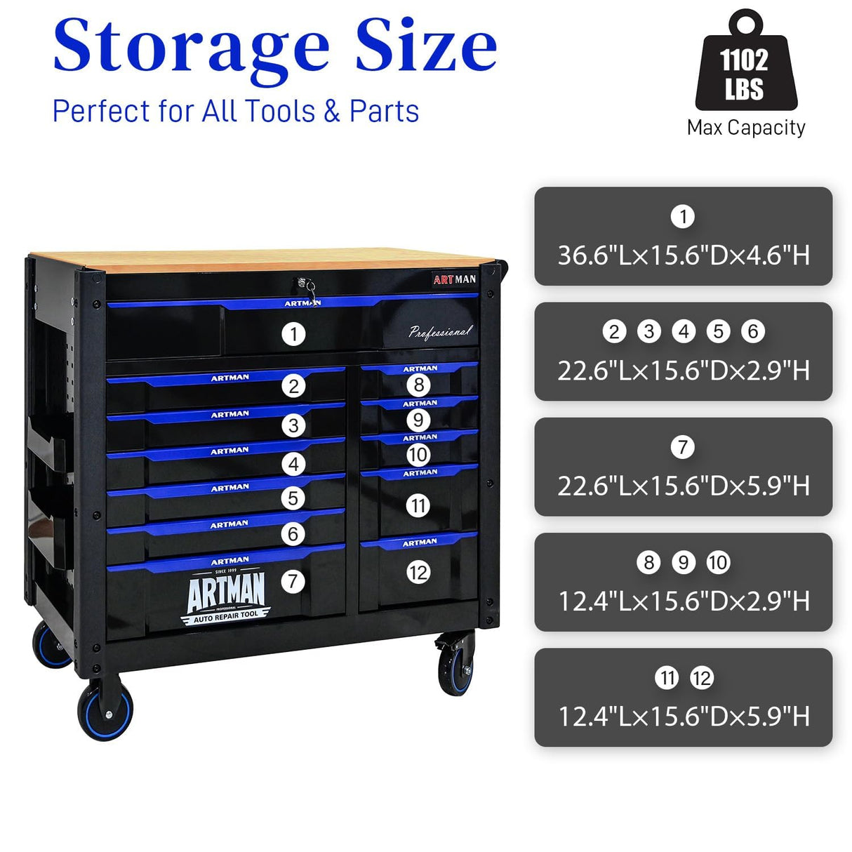 WTRAVEL Heavy Duty Rolling Tool Chest with 12-Drawer Tool Cart Mechanic Tool Box with Wheels Tool Storage Cabinet Mobile Workbench Tool Bench for Garage, Workshop, Warehouse, Repair Shop, Wood Top WTRAVEL