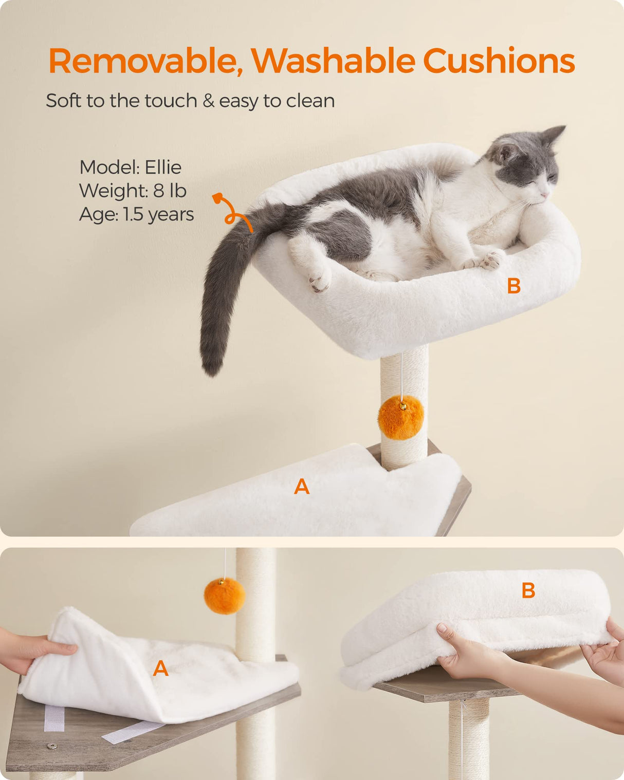 Feandrea Cat Tree with Litter Box Enclosure, 2-in-1 Modern Cat Tower, 52.8-Inch Cat Condo with Self Groomer, Scratching Posts, Washable Cushions, Greige UPCT115G01 Feandrea