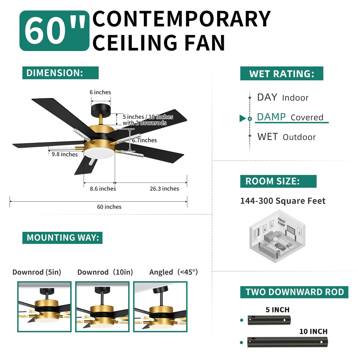 YITAHOME 60 Inch Ceiling Fan with Light and Remote, 5 Blades with Crystal Rod Design, Modern Chandelier Ceiling Fan with Reversible Quiet Motor, Indoor Ceiling Fan with 3 LED Colors, Black&Gold YITAHOME