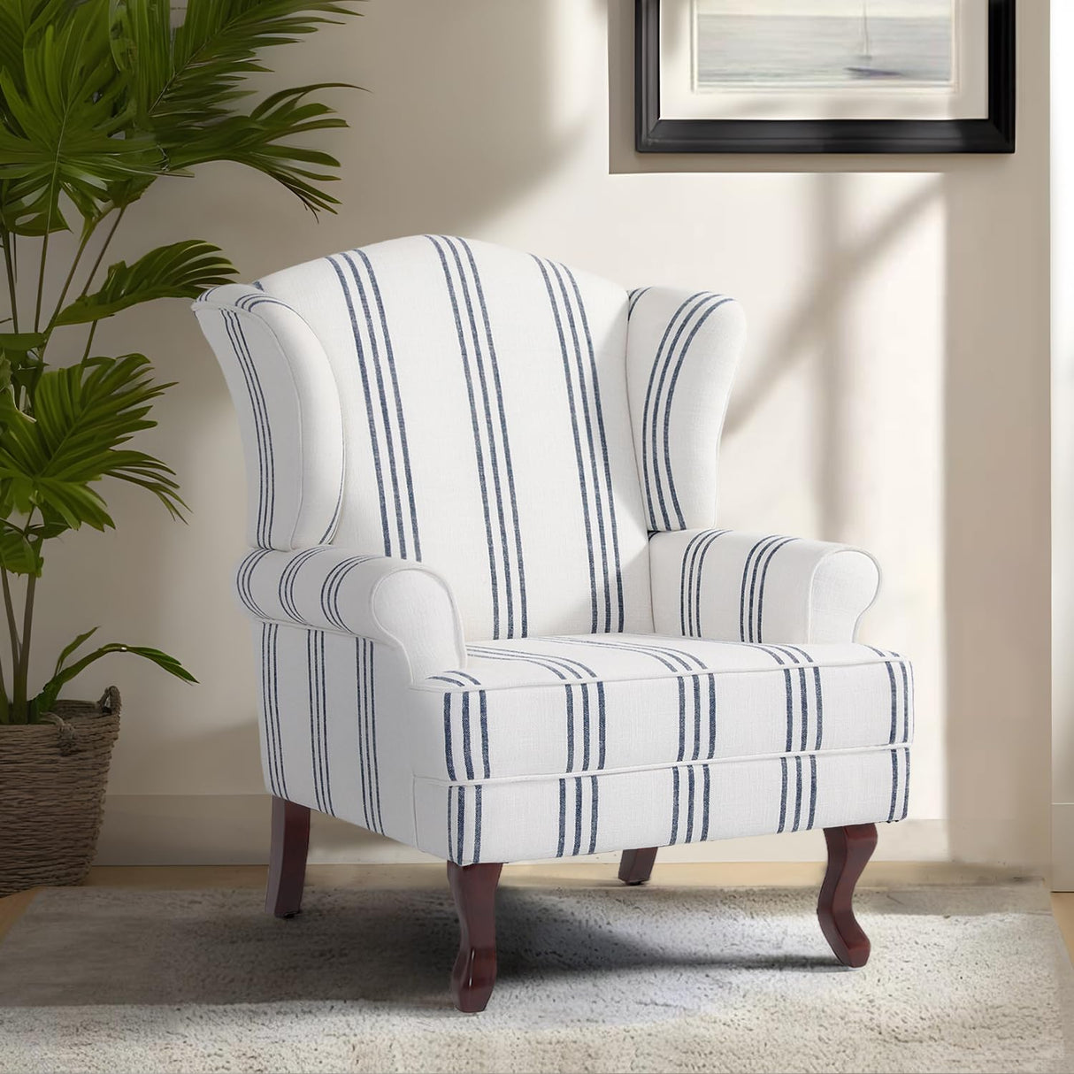 Pia Ricco Stripe High Back Floral Accent Chair, Upholstered Fabric Armchair with Solid Wood Legs - Retro Living Room Reading Chair, Comfortable Single Sofa Seat-Navy Pia Ricco