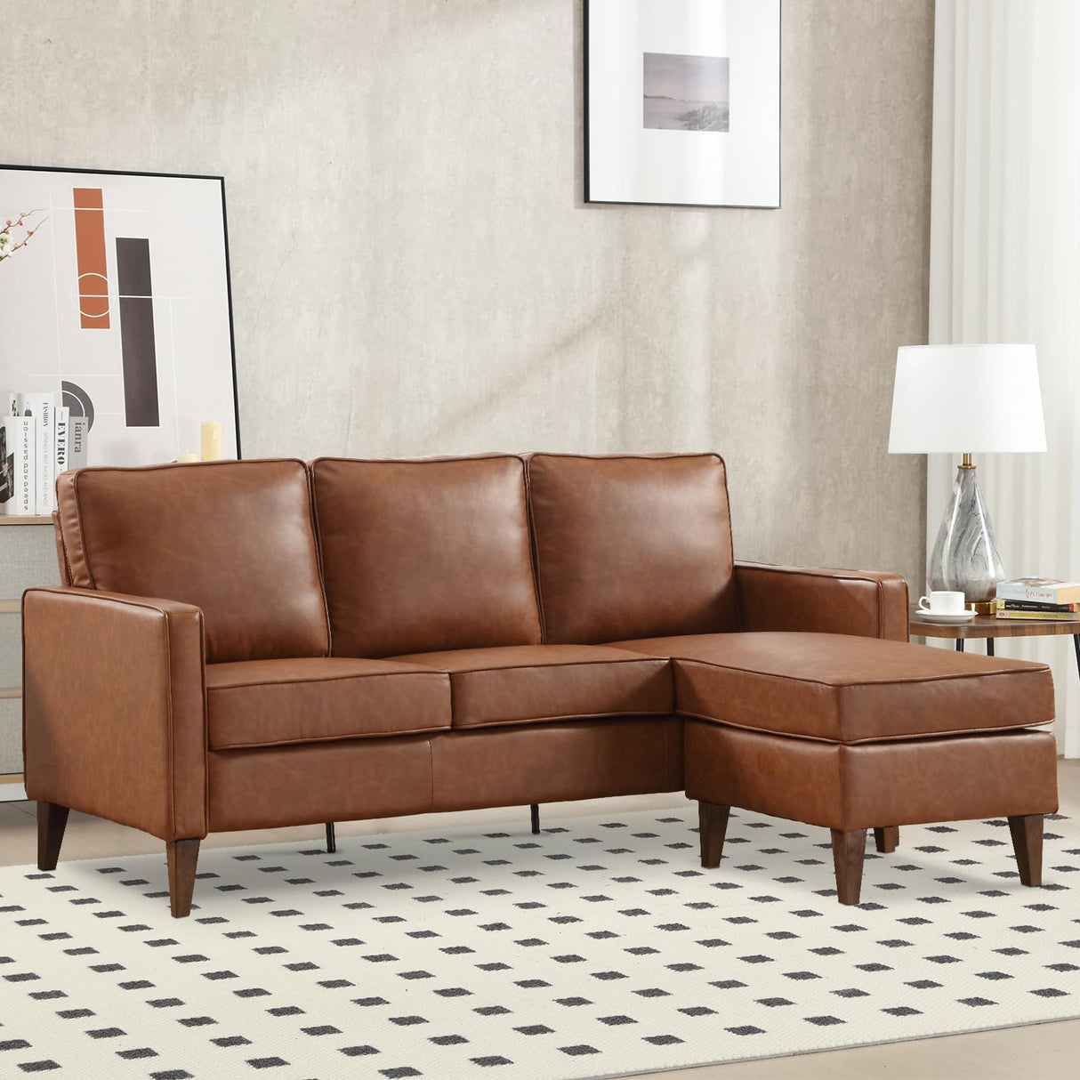 EBELLO Sectional Sofa Couch, L Shaped Couch Faux Leather Sofa with Reversible Chaise, Lounge Sofa for Living Room Apartment Small Space, Dark Brown EBELLO