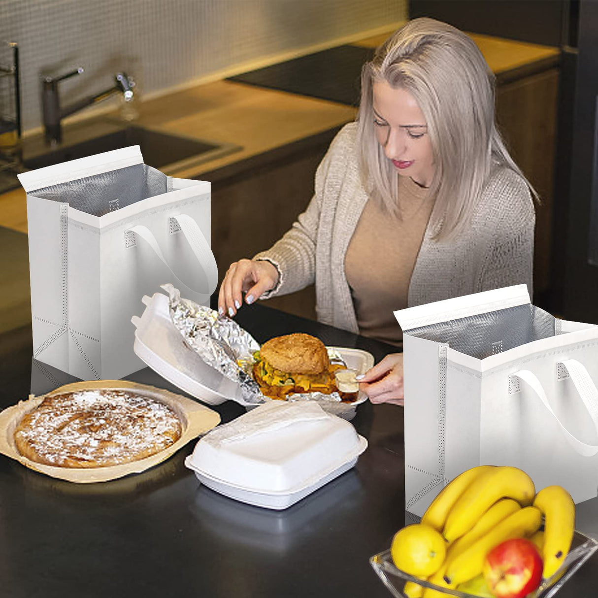 ZENFUN Set of 25 Insulated Take Away Bags, Small Insulated Cooler Bag Grocery Bags, White Thermal Bags for Hot&cold Frozen Food, Food Delivery, 9.5 x 6 x 10 Inches ZENFUN