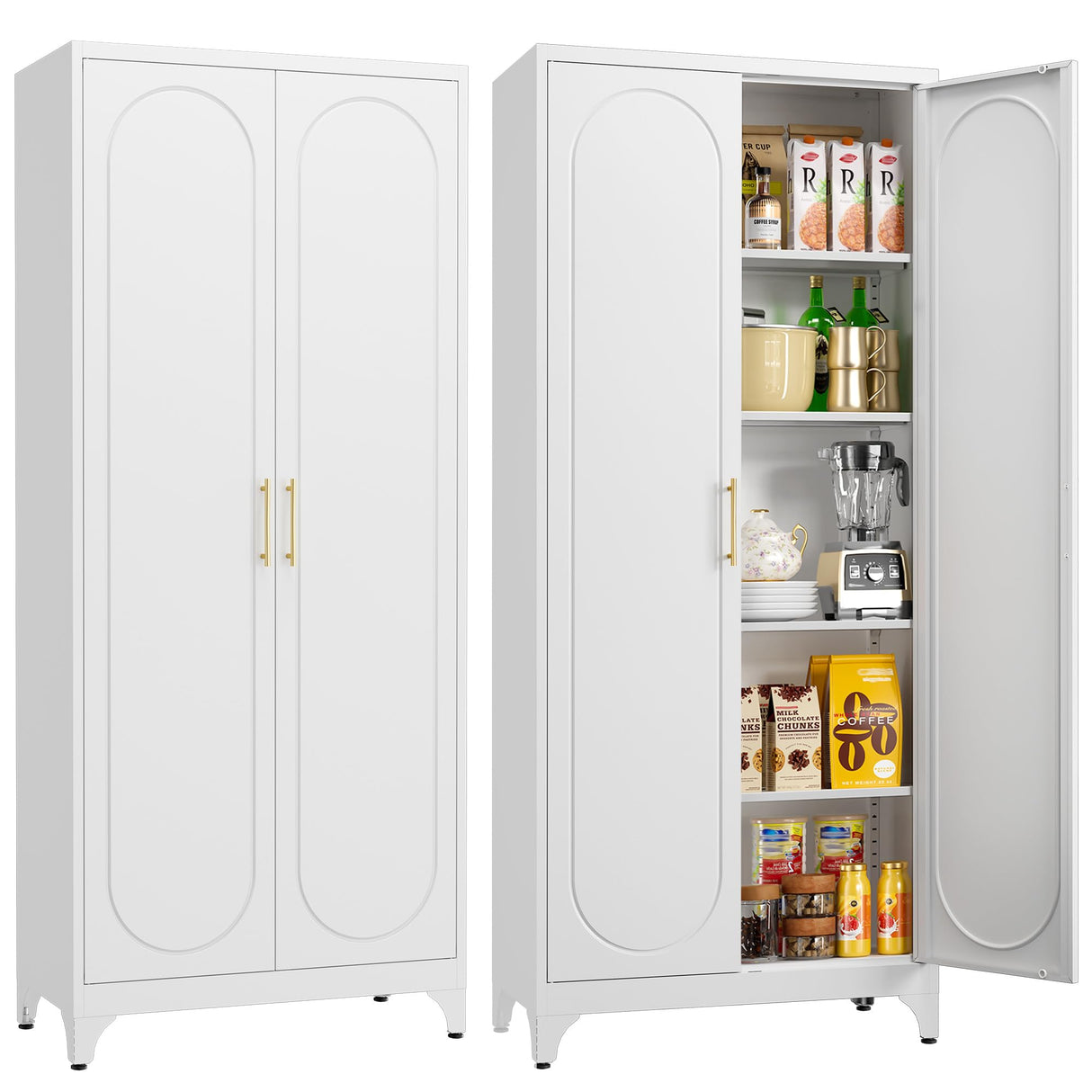 Metal Storage Cabinet with Doors, 75" Tall Kitchen Pantry Storage Cabinets, White Pantry with Adjustable Shelves, Home Office Cabinet, Large Cupboard, High Leveling Feet- Assembly Required MetalMax