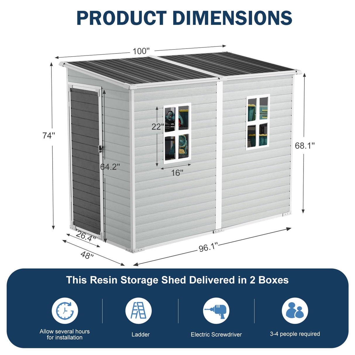 CDCASA 4x8 FT Resin Lean to Shed, Waterproof Outdoor Storage Sheds with Floor & Lockable Door & 2 Windows, Vent, Plastic Tool Shed for Outside, Backyard, Patio, Poolside, Gray CDCASA