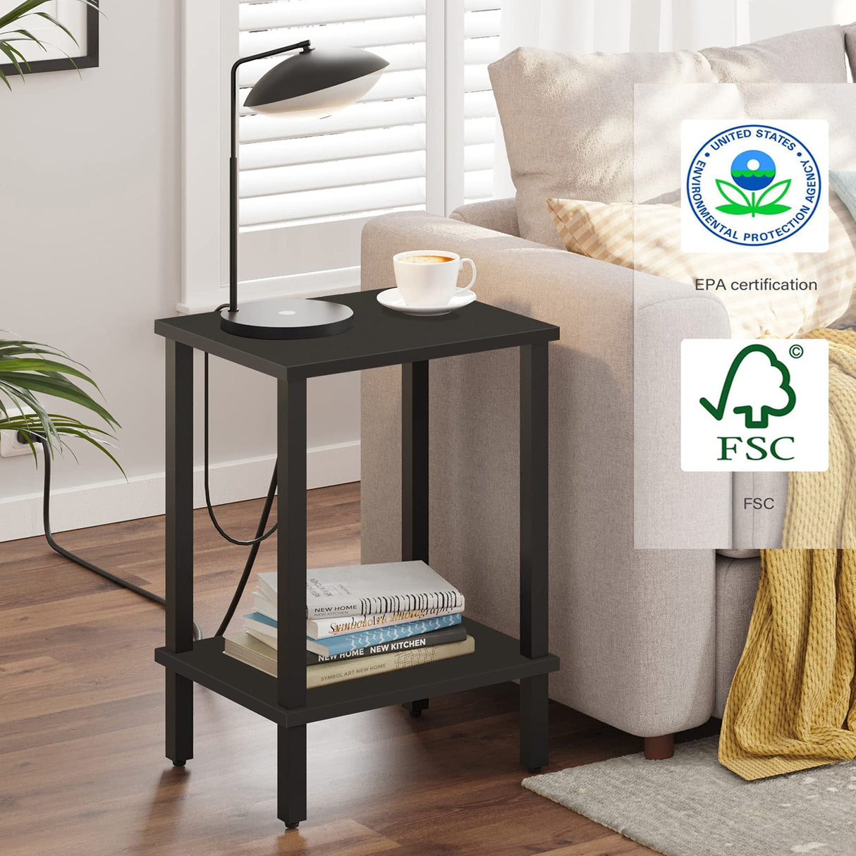 TUTOTAK End Table, Set of 2, Side Table, Nightstand, 2-Tier Storage Shelf, Sofa Table for Small Space, Living Room, Bed Room TB01BK035 TUTOTAK