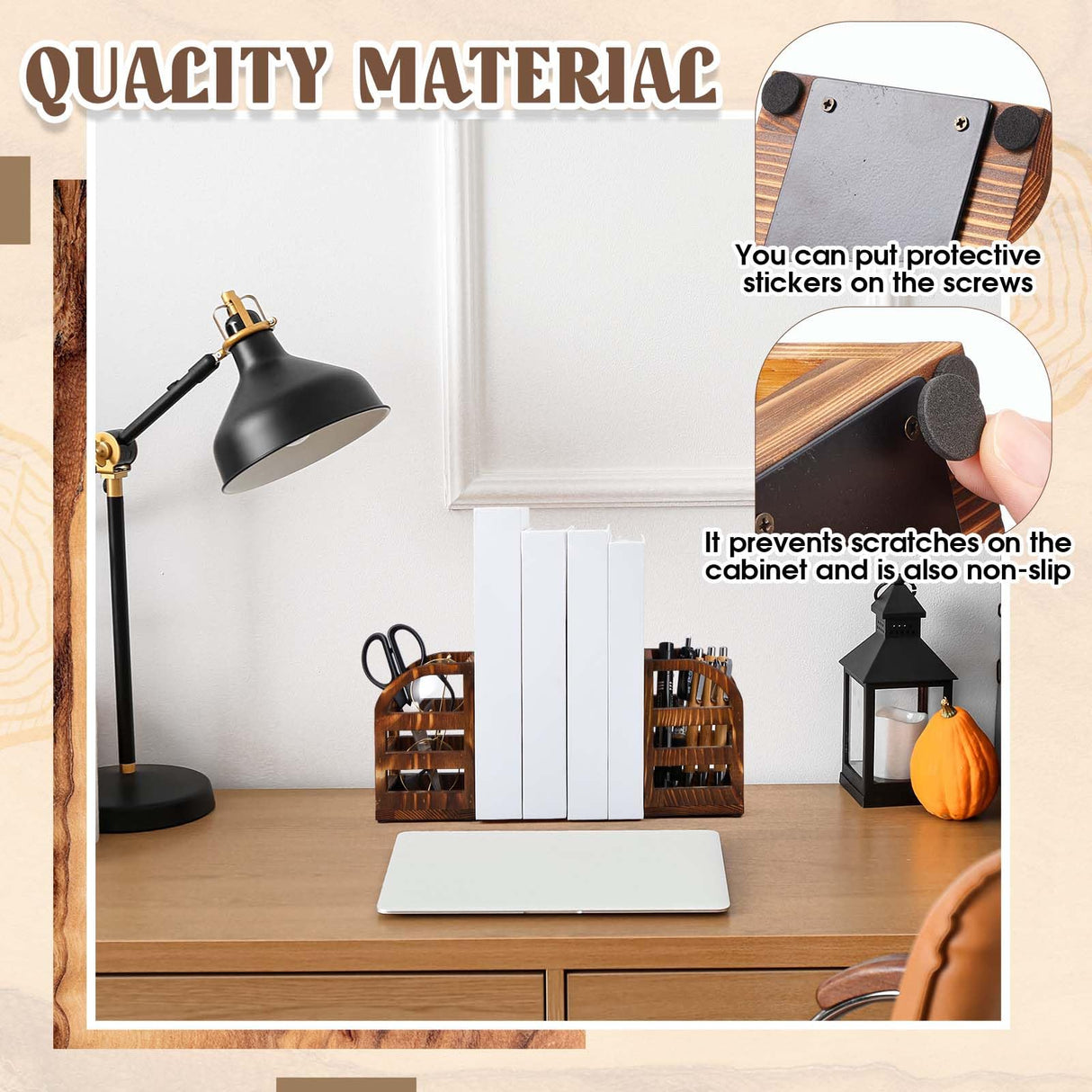 1 Pair 2 in 1 Rustic Burnt Wooden Bookend with Coated Metal Desk Supply Holds Non Skid Desktop Book Ends Pen Holder Pencil Cup Stationery Storage Bins Book Stopper for Home Office Dorm Room Memorywuu