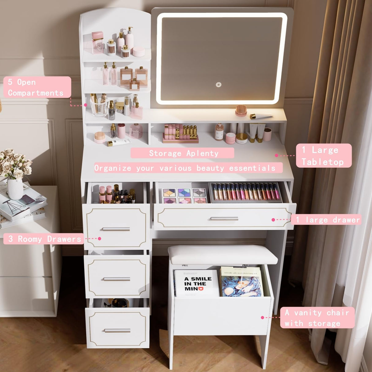 Hogxp Vanity Table with LED Mirror & Power Outlet - 5 Open Shelves, 4 Drawers - Includes Padded Stool - Ideal Bedroom Makeup Dressing Table (White) Hogxp