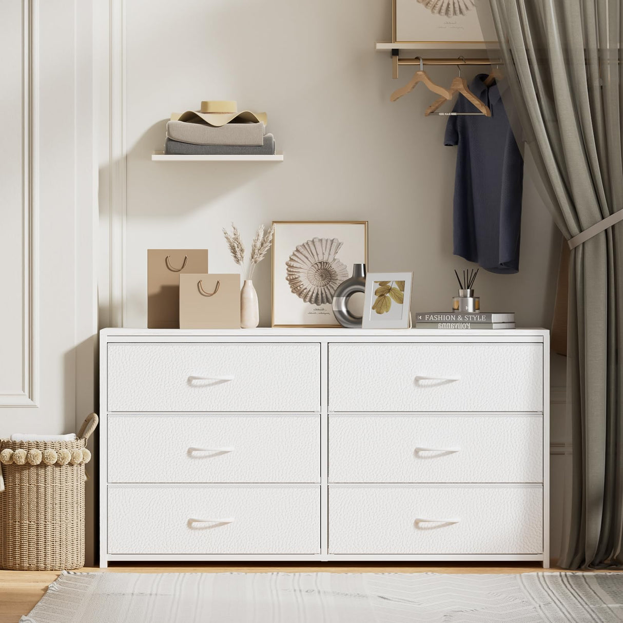 OURPIC Dresser for Bedroom with 6 Drawers, 51 Inch White Dressers TV Stand for 50, 55, 60 Inch TV, Wood Top and Side, Fabric Drawers, Storage, Dresser for Closet, Living Room, Hallway, Entryway OURPIC