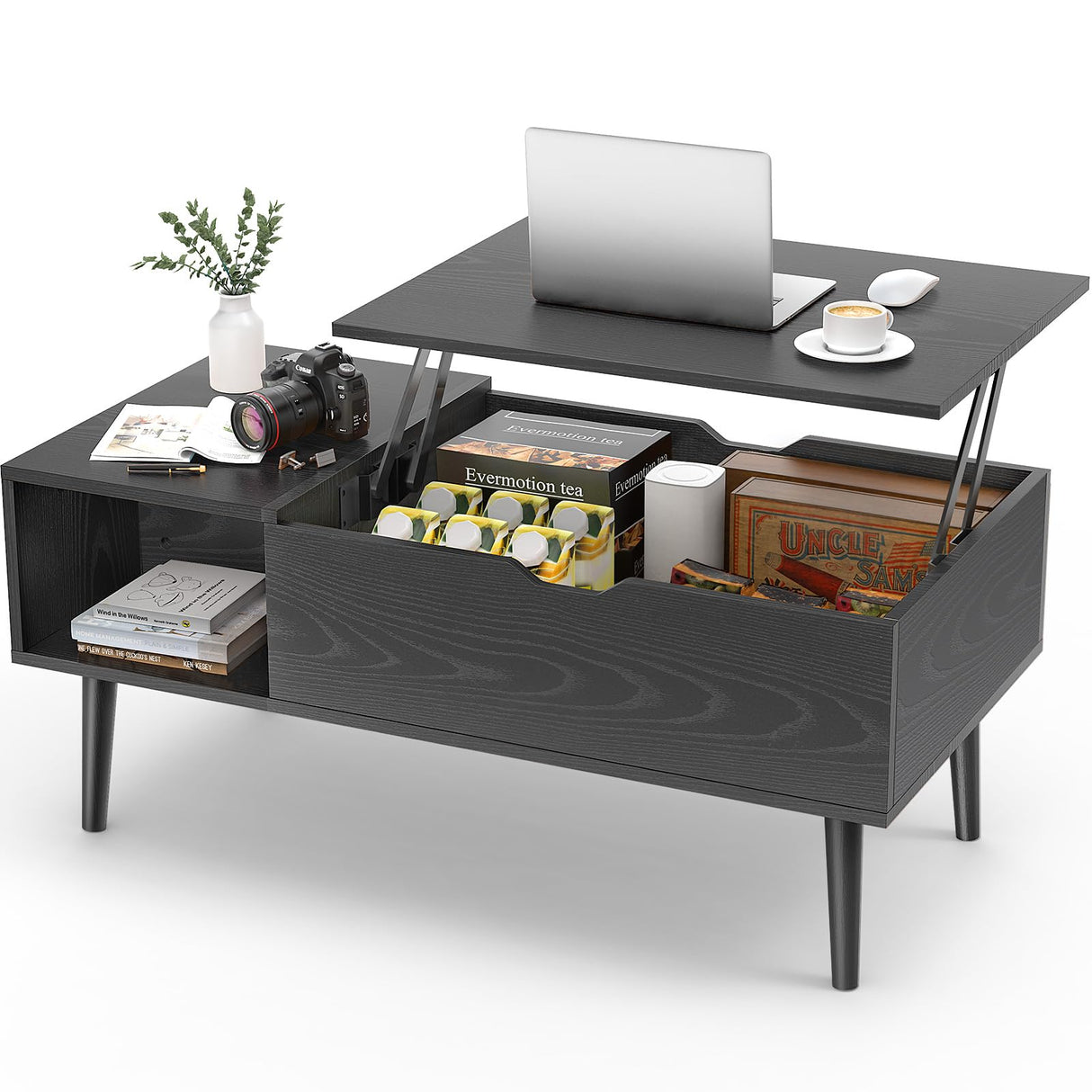 Sweetcrispy Coffee Table Black, Lift Top Coffee Tables for Living Room, Small Rising Wooden Dining Center Tables with Storage Shelf and Hidden Compartment Sweetcrispy