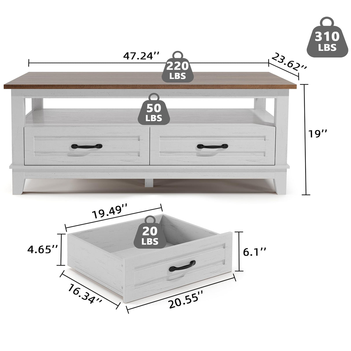 GarveeHome Farmhouse Coffee Table with Drawers, 47.2" Center Table Rustic Coffee Tables White Brown Living Room Table, with Open Shelf and 6 Support Legs GarveeHome