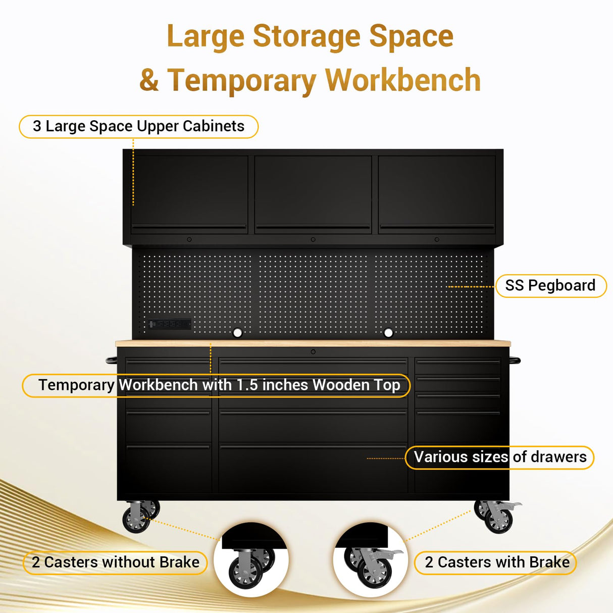 CHETTO C 72-inch Rolling Tool Chest Cabinet Mobile Workbench with 15 Storage Drawers and Wheels 3 Uper Cabinet Outlet SS Pegboard Black Tool Box for Garage CHETTO C