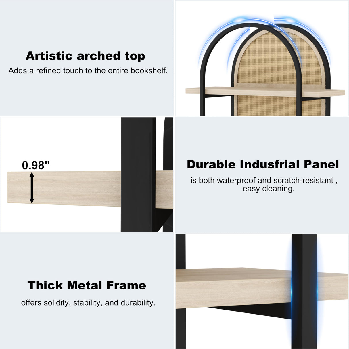 Yusong Bookshelf Rattan 5 Tier Arched Bookcase, 74" Tall Industrial Open Book Shelves for Living Room, Modern Freestanding Display Shelving Boho Storage Rack with Metal Frame for Office, Brown Yusong