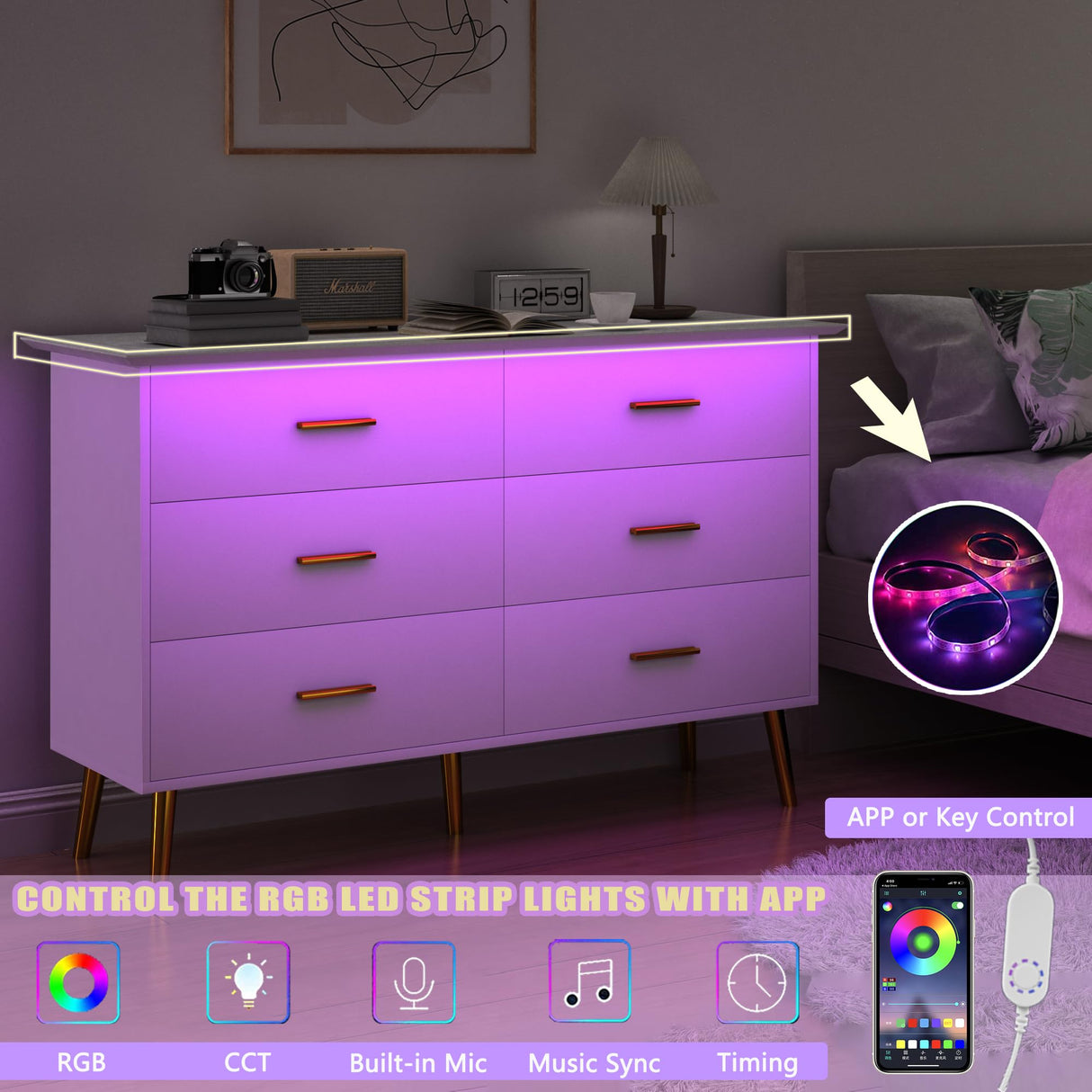 Boonatu White Dresser for Bedroom with 6 Drawers, White Dresser, Wood Dressers Chest of Drawers with Gold Handles, Modern LED Bedroom Dresser with Drawers for Closet Hallway, Living Room, White Boonatu