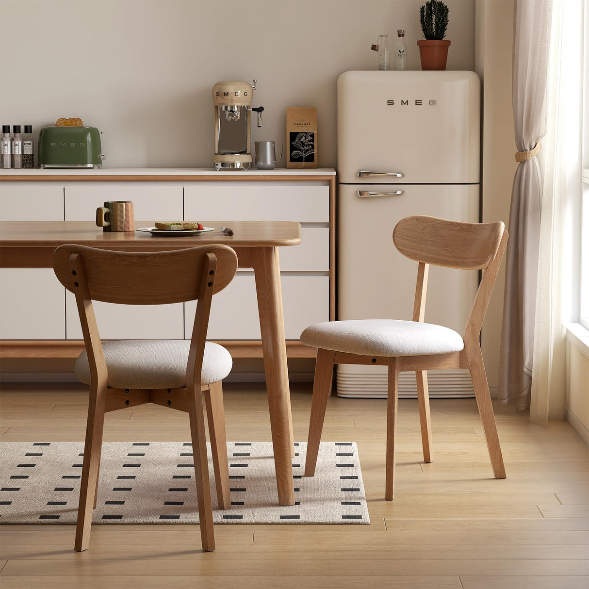 100% Solid Wood Upholstered Dining Chairs, Mid Century Modern Oak Dining Chairs with Curved Back Design with Butterfly Wing Shape for Kitchen, Dining Room, Restaurant (2, Log Color-Beige Cushion) Wayshome