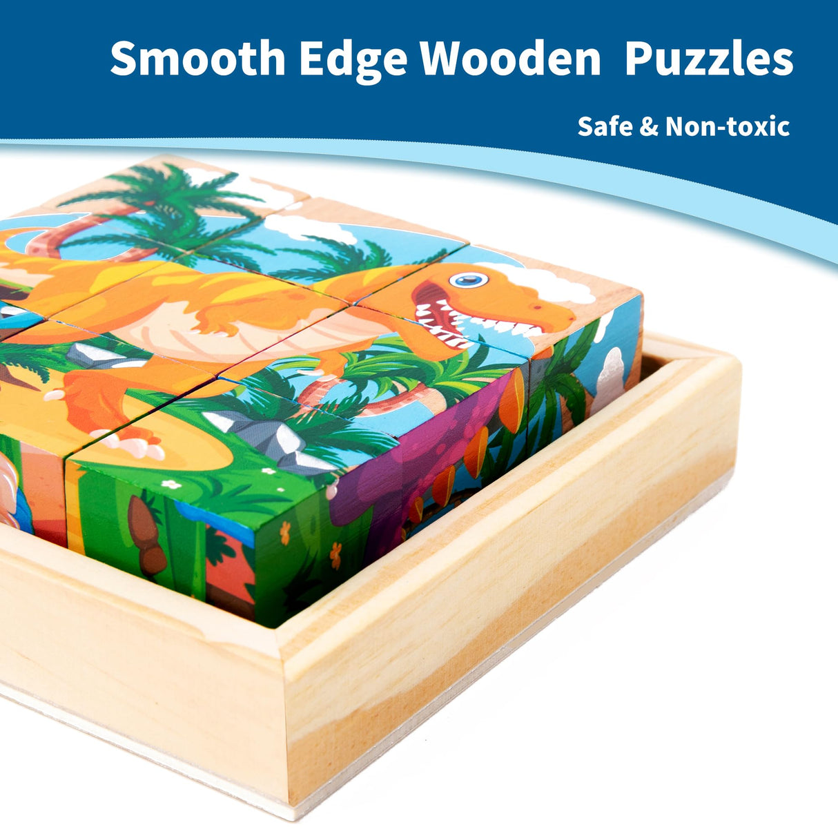 Wooden Dinosaur Block Puzzles for Kids Ages 3-5 with Baby Book, Jigsaw Puzzles Preschool Educational Interactive Toys Gift for Boys Girls, Wood Dino Cube Puzzles for Toddlers 2 3 4 5 6 Years Old PLUSYARD