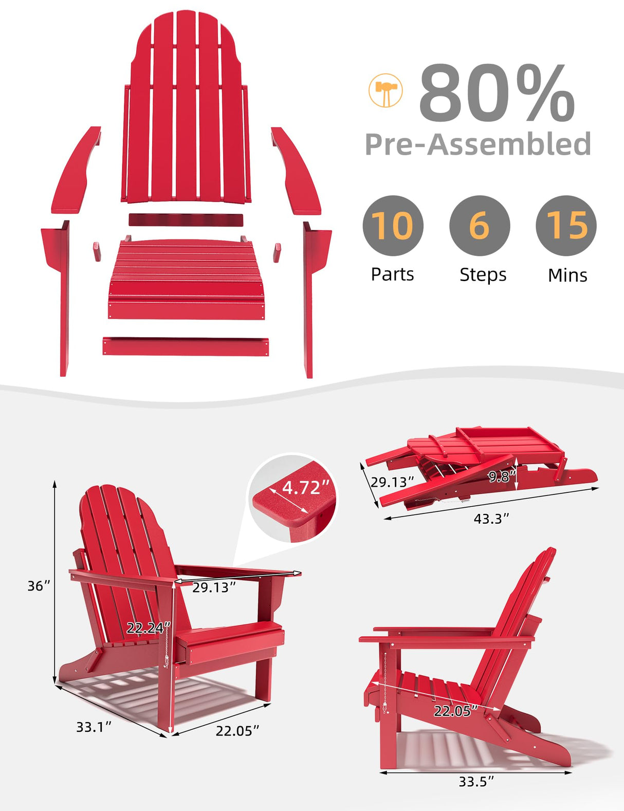 Folding Adirondack Chair - Durable HDPE Poly Lumber All-Weather Resistant, Foldable Oversized Balcony Porch Patio Outdoor Chair for Lawn, Backyard, Deck, Garden, Camping - Easy Installation, Red BUPPLEE
