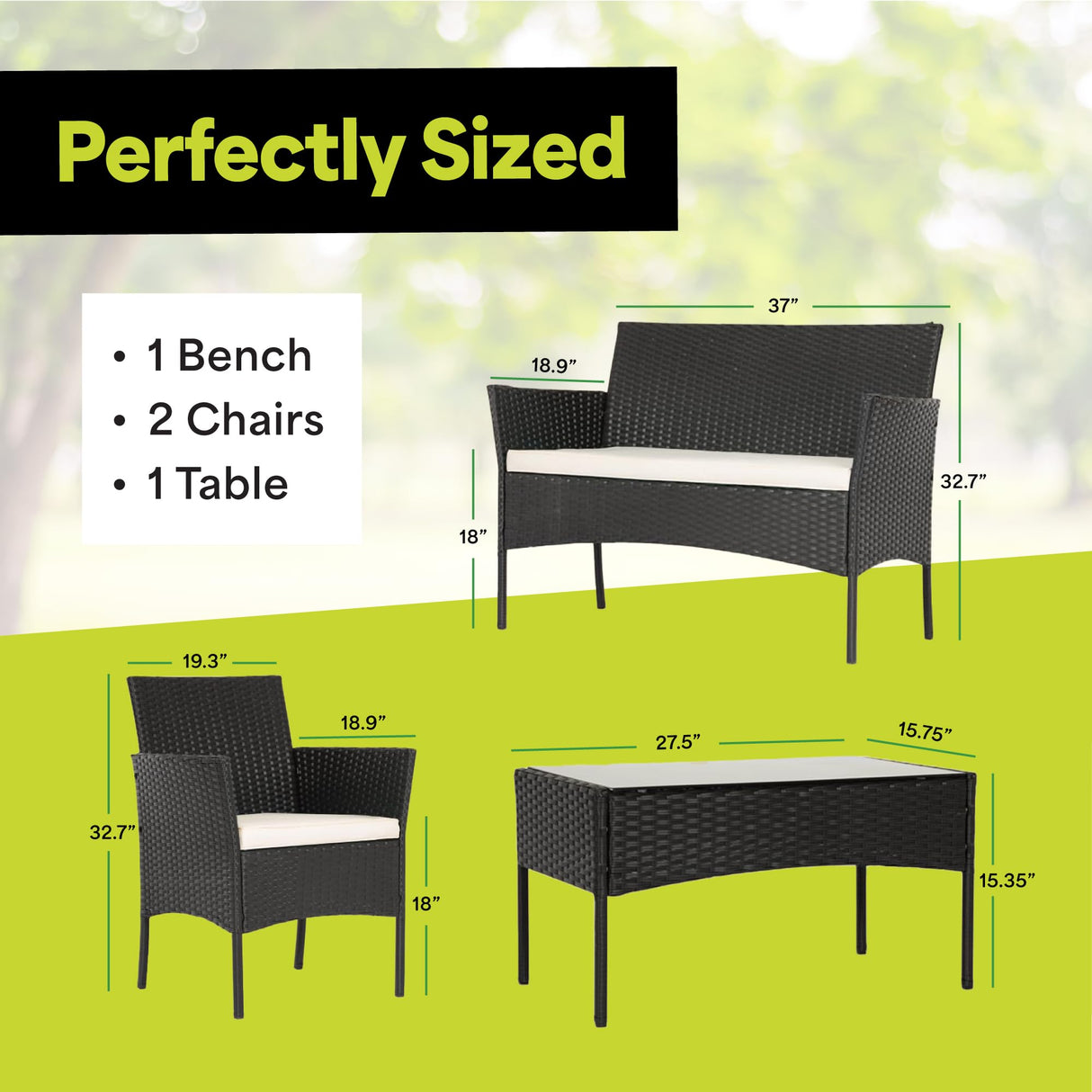 EconoHome 4-Piece Outdoor Patio Furniture Set - Patio Set with 2 Rattan Chairs, 1 Loveseat & 1 Glass -Top Coffee Table - Weather-Proof Wicker with Cushions - Conversation Set for Porch, Balcony, Lawn EconoHome