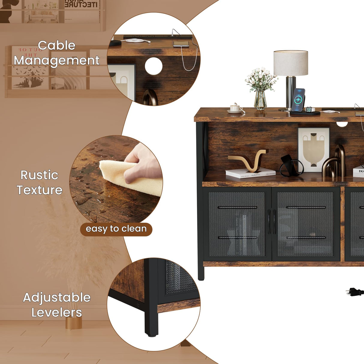 AWQM Retro Sideboard Buffet Cabinet with Power Outlet & USB Port, Industrial Wood Farmhouse Coffee Bar Cabinet with Storage, Console Table for Kitchen, Dining Room, Living Room, Hallway, or Entrance AWQM