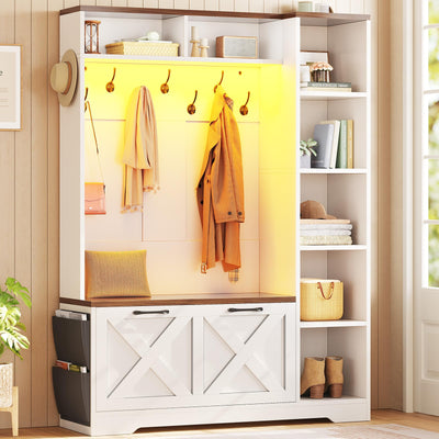 Itaar Hall Tree with Bench and Shoe Storage, Farmhouse Entryway Bench with Coat Rack, Shoe Cabinet with Flip Drawers, 7 Shelves, 10 Coat Hooks, Storage Bag, Led Lights, White