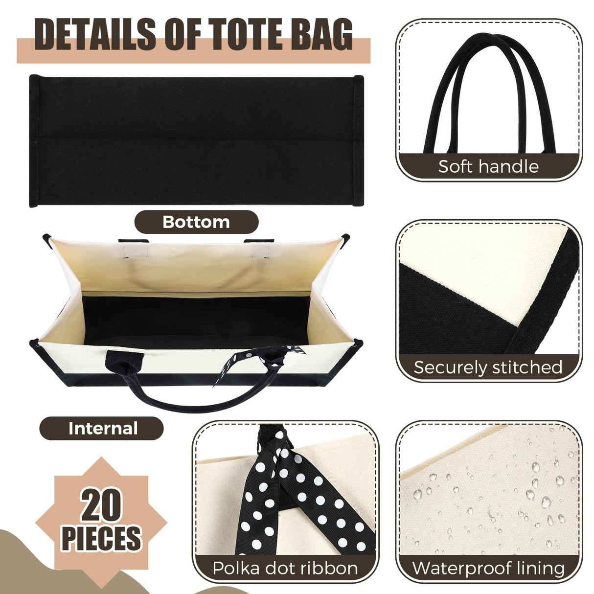 Saillong 20 Pcs Canvas Tote Bag Bulk Initial Women Gift Bags 15.7 x 11.8 x 6.7 Inches Sublimation Personalized Blank Shopping Bags with Handle Grocery Bag for Wedding Bridesmaid, Birthday, White Black Saillong