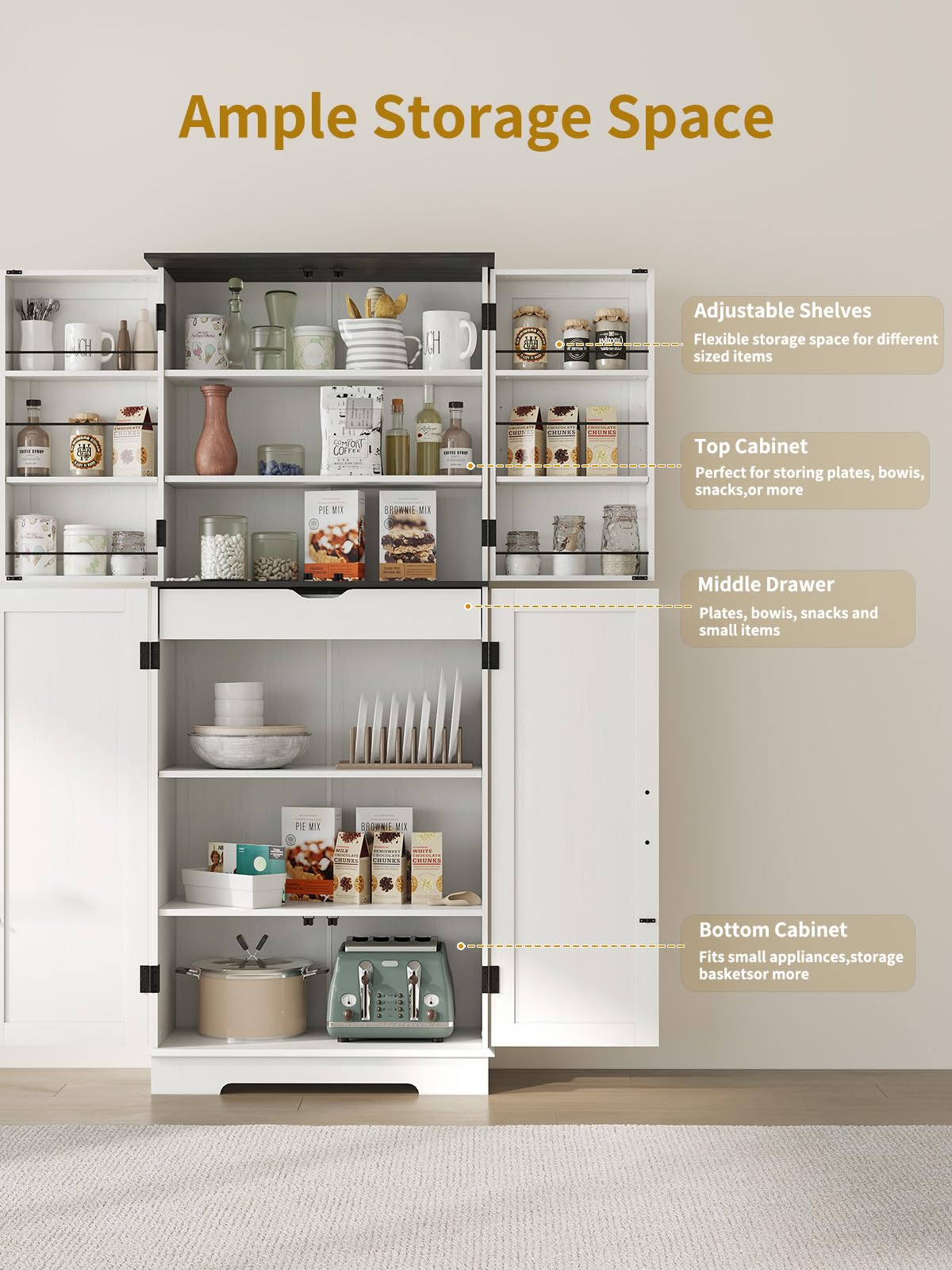 Kitchen Pantry Storage Cabinet 72” Tall, Bathroom Storage Cabinet with 4 Adjustable Shelves and 1 Drawer, Metal Storage Cabinet Freestanding Cupboard for Kitchen, Dining Room, Bathroom (White) Sunny Heart