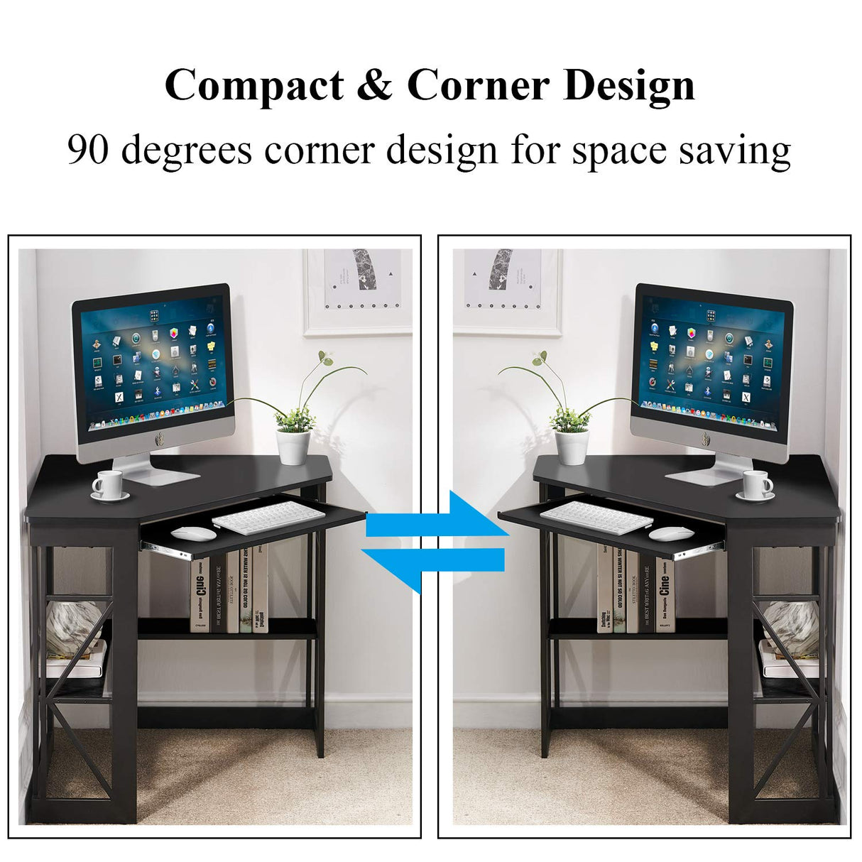 VECELO Corner Computer Desk 41 x 30 inches with Smooth Keyboard & Storage Shelves for Home Office Workstation, Black VECELO