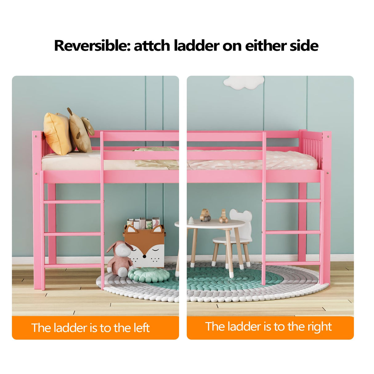 JOYMOR Low Loft Bed Twin Size with Stairs, Wooden Toddler Loft Bed for Kids, Junior,Young Teens,Pine Wood Twin Bed Frame, Space-Saving Design, No Box Spring Needed, Pink JOYMOR