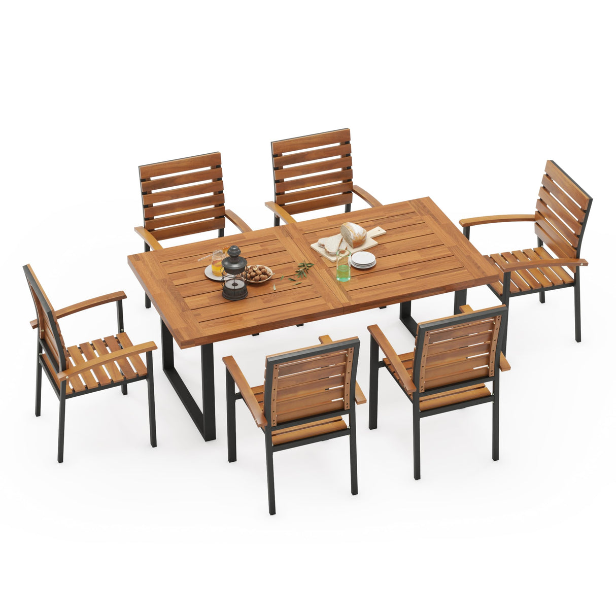 WiberWi 7 Piece Outdoor Dining Set for 6, Acacia Wood 59.1" Patio Table and Chairs Set with Metal Frame, Patio Dining Furniture Set for Garden, Balcony, Backyard, Poolside, Brown & Black WiberWi