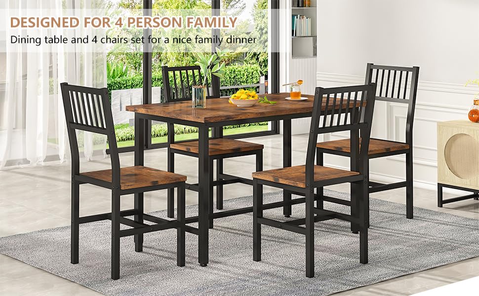 AWQM 5 Pieces Dining Table Set, Industrial Dining Table and Chairs for 4, Metal Frame with Wood Top, Kitchen Table Set for Dining Room, Breakfast Nook, Small Space, Rustic Brown AWQM