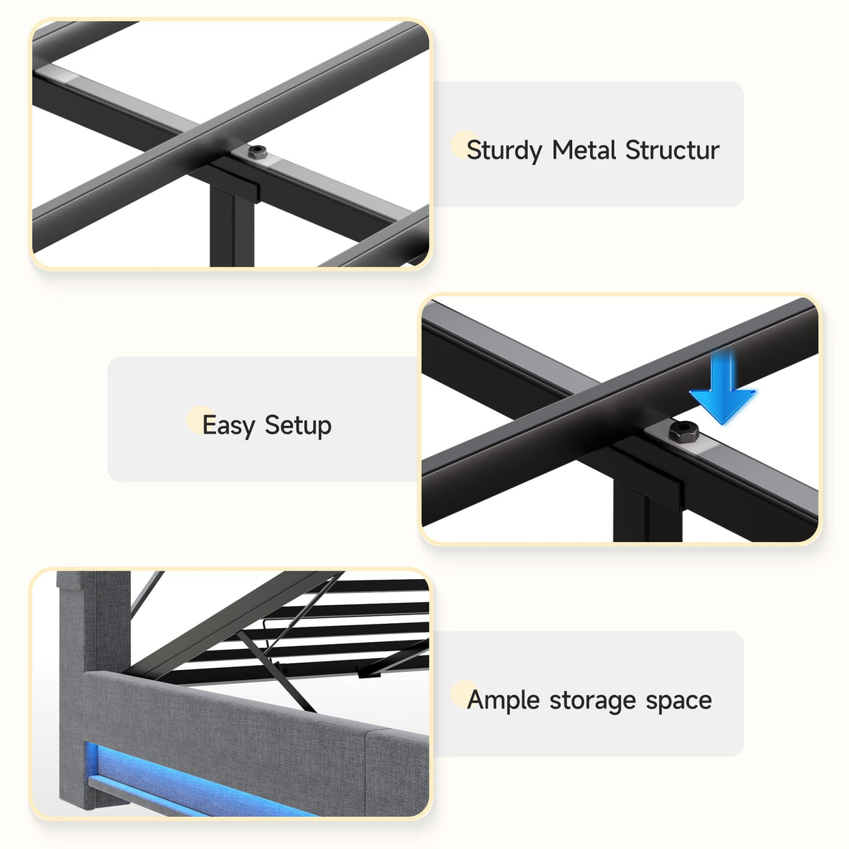 Fameill King Size Lift Up Storage Bed Frame, Storage Headboard with Charging Station, LED Lights Upholstered Platform Bed, No Box Spring Needed, Noise-Free, Dark Grey Fameill