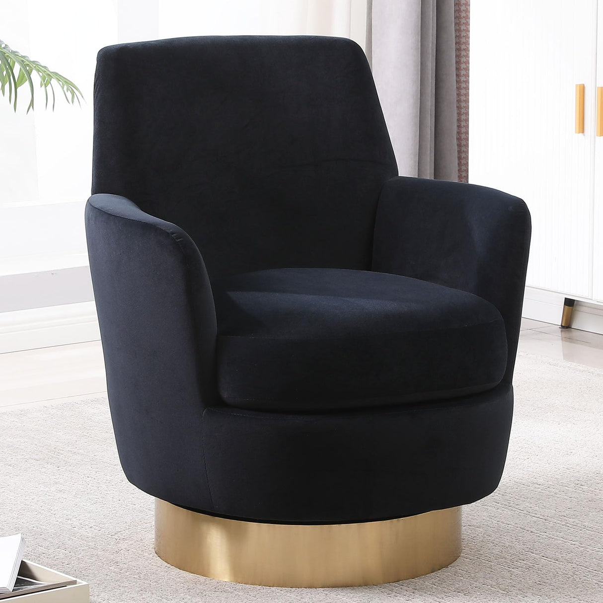LUCKHAO Swivel Barrel Chair Set of 2,Modern Velvet Upholstered Round Swivel Accent Chairs with Tall Backrest,360 Degree Single Sofa Chair Armchair for Living Room, Black LUCKHAO