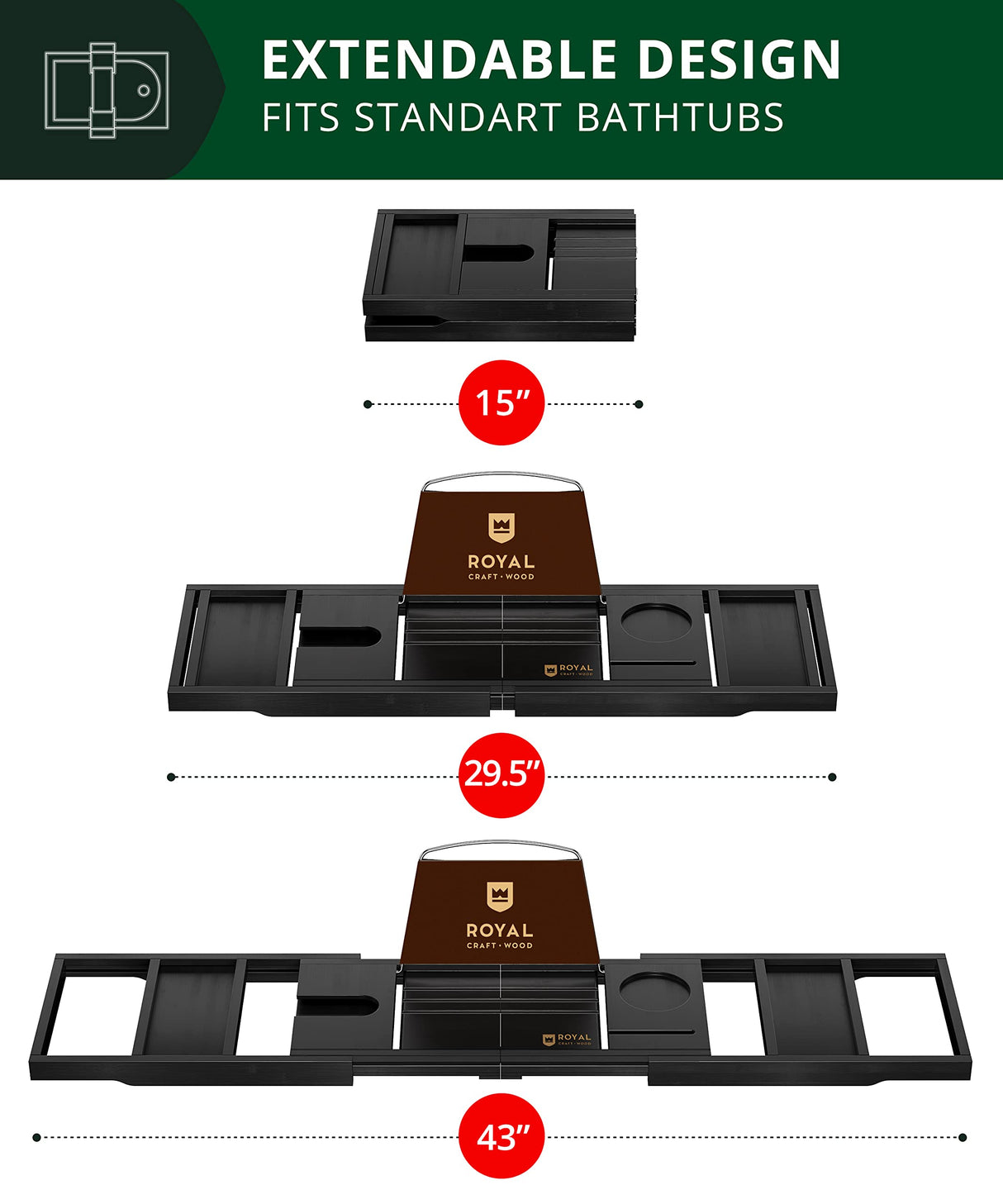 ROYAL CRAFT WOOD Premium Foldable Bathtub Tray - Wood Bath Tray for Tub, Bamboo Bathtub Shelf, Expandable Bath Table Tray, Luxury Bathtub & Bathroom Accessories for New Home & Unique Gift for Women ROYAL CRAFT WOOD