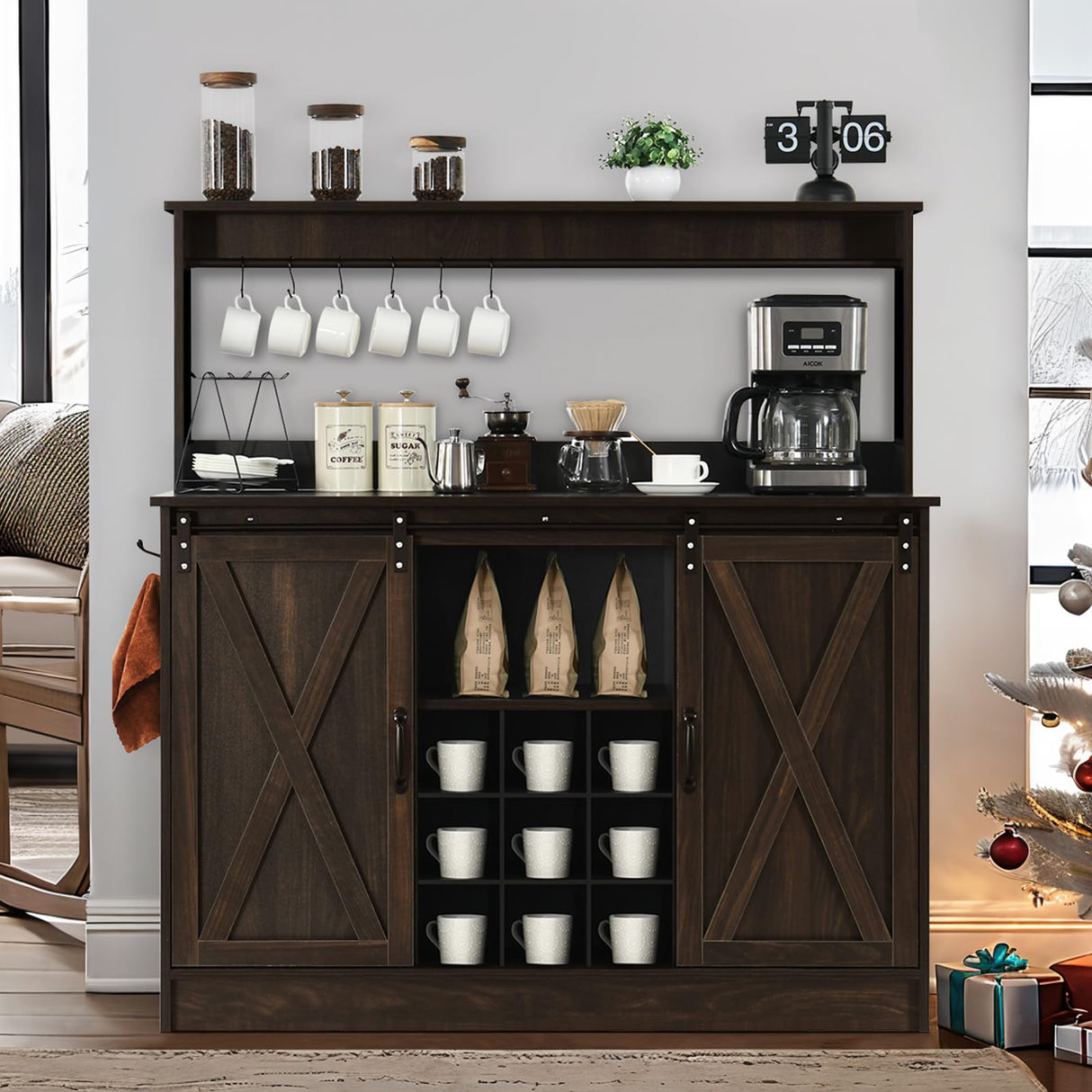 Farmhouse Coffee Bar Cabinet with 6 Hooks, 47 Inch Coffee Bar Hutch with 9 Wine Racks, Coffee Bar Table with Sliding Barn Door, Wine Bar with Adjustable Shelves for Dining Living Room, Dark Oak 4ever2buy
