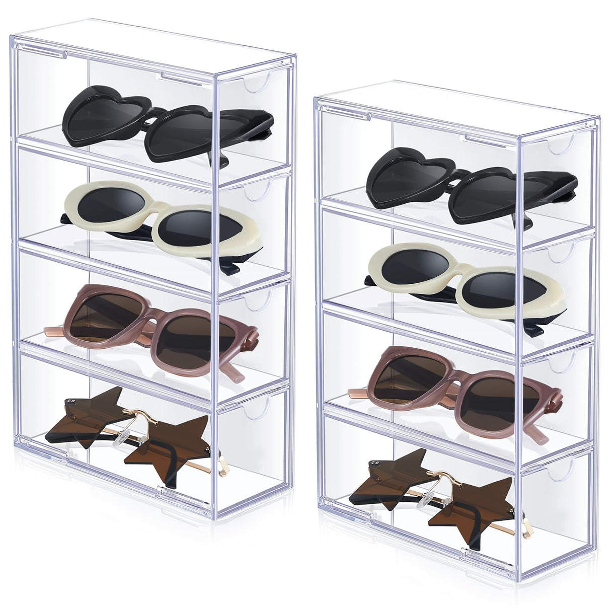 Sintuff 2 Pieces Acrylic Sunglass Organizer Clear Sunglass Holder with 4 Drawers Glasses Organizer for Women Clear Eyeglass Holder Eyewear Display Case Multiple Pair for Glasses Jewelry Watch Storage Sintuff