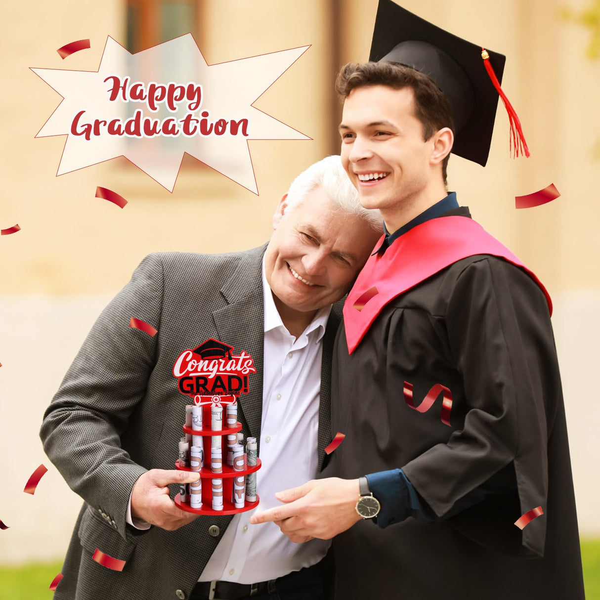 Thyle Graduation Gift Money Holder 2024 Graduation Gift Holders with 16 Holes Wooden Graduation Tiered Tray Cash Cake Graduation Money Tree Congrats Grad Holiday Party Supplies(Red) Thyle