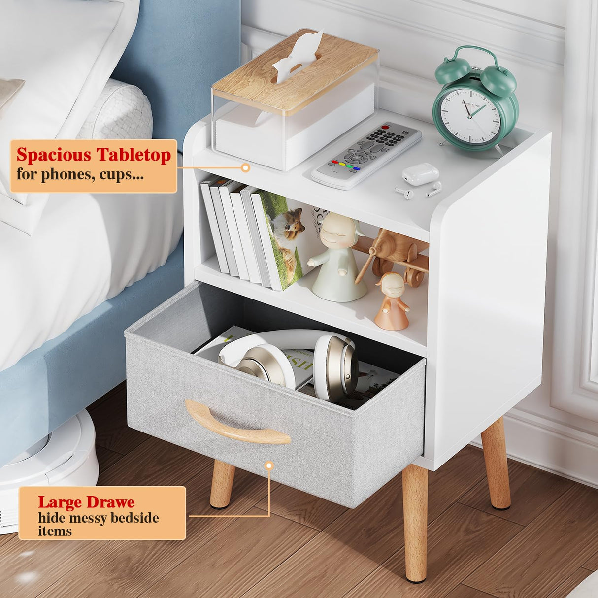 LUCKNOCK Night Stand with Drawer, Modern Nightstand, Bedside Tables, Mid Century Nightstands with Open Storage Shelf, Wood Bedside Table, Small Night Stands for Bedroom, 2-Tier Night Table, White. LUCKNOCK