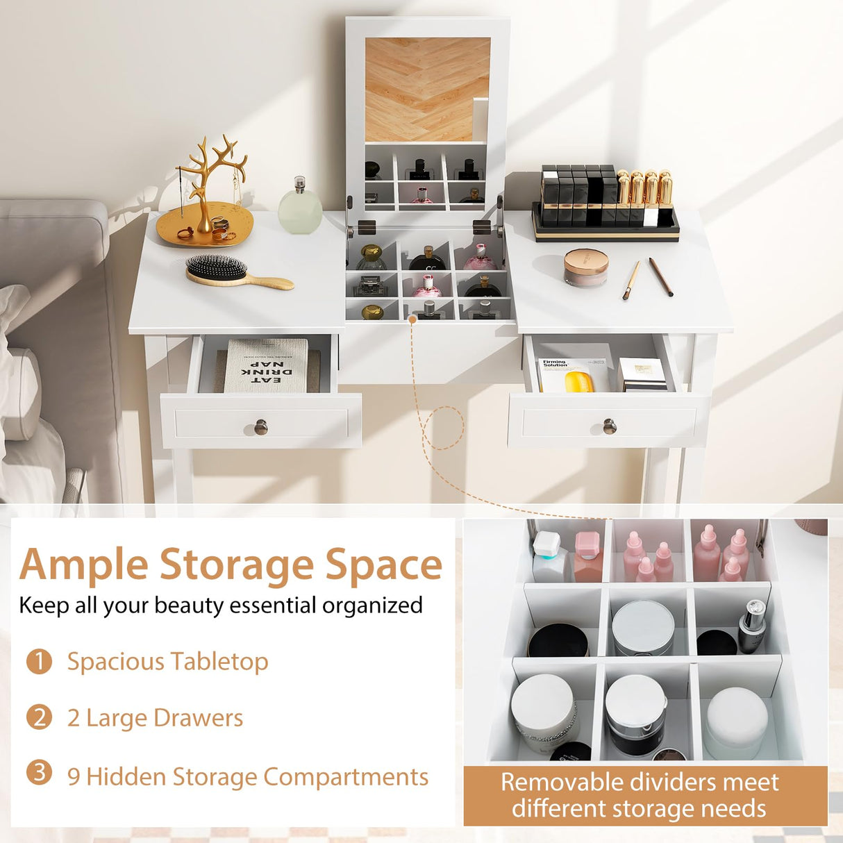 COSTWAY Vanity Desk with Flip Top Mirror, Dressing Table with 2 Drawers & 9 Storage Compartments, 44’’ Modern Makeup Desk for Girls Women Bedroom Dressing Room, White COSTWAY