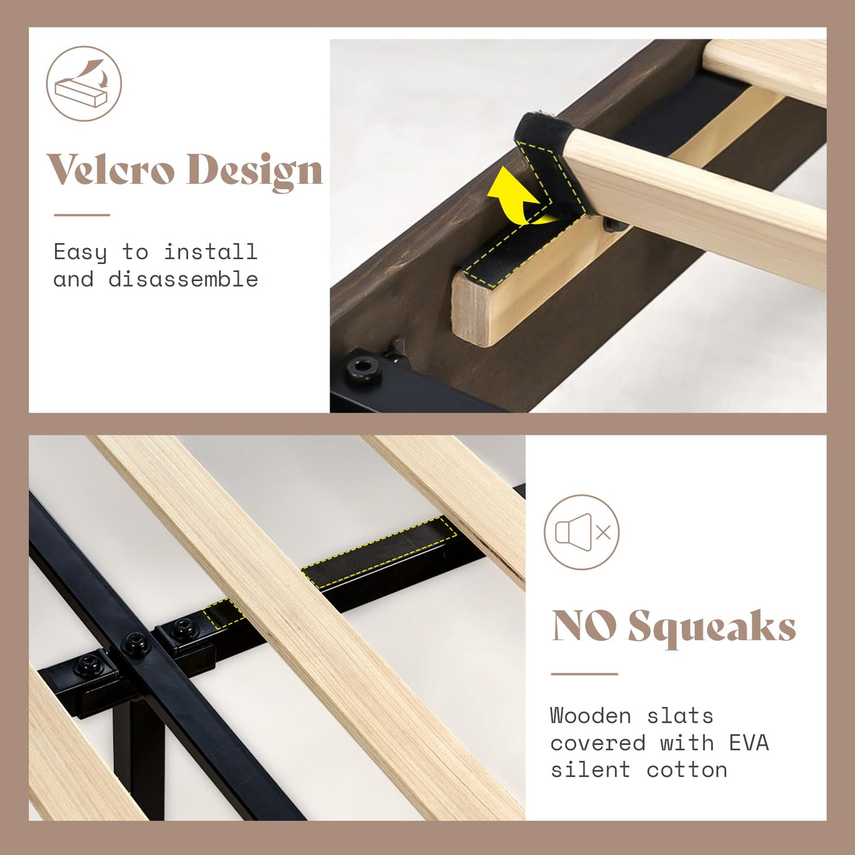 Mid-Century Modern Queen Size Solid Wood Bed Frame with 48" Headboard – Sturdy, Noise-Free Design in Dark Brown AMERLIFE